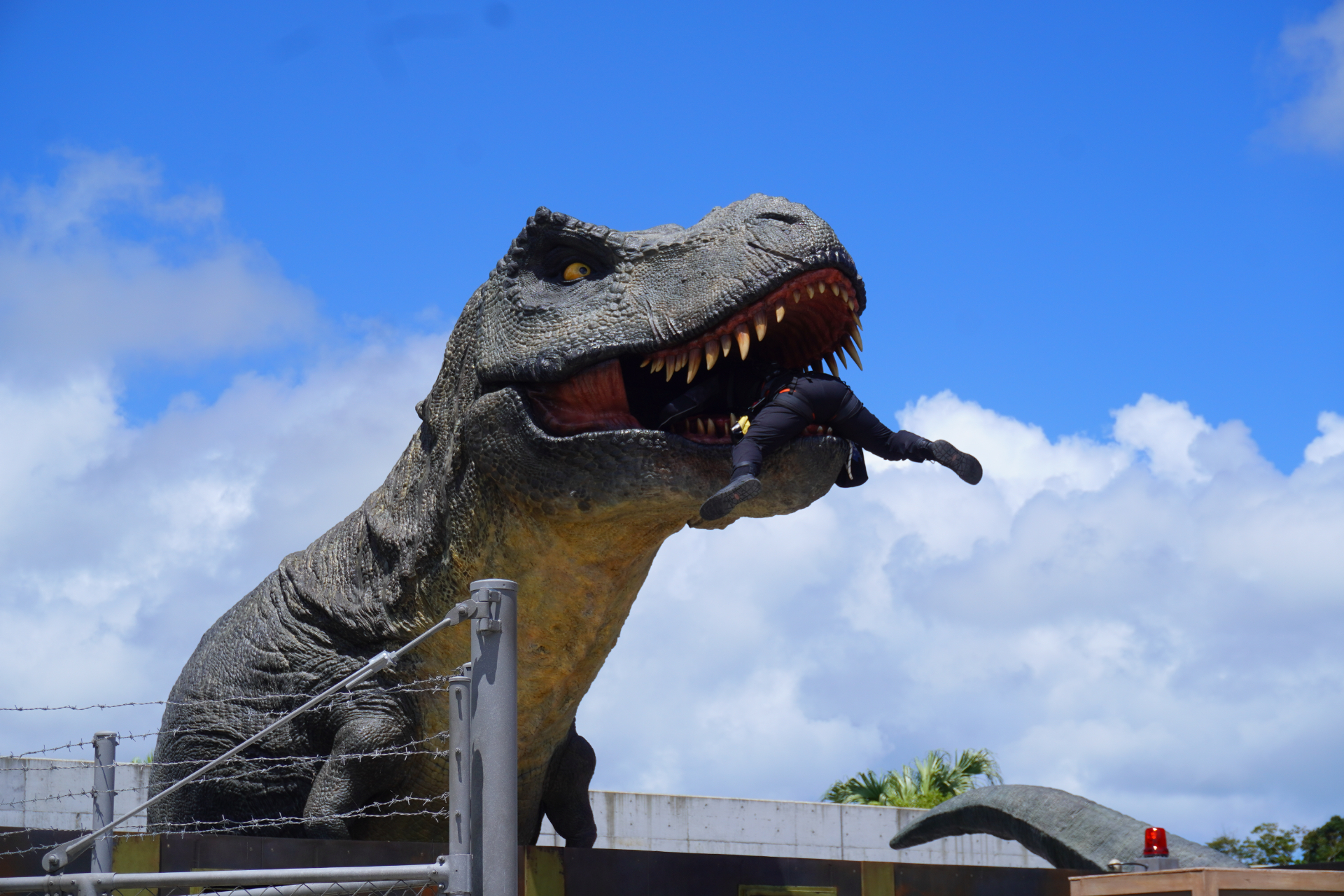 中盤では激しい咆哮とともに最凶の肉食恐竜T-REXが登場。猛スピードで追ってくるT-REXから逃れるため、急勾配や池ダイブなど、さらに険しい道を爆走する