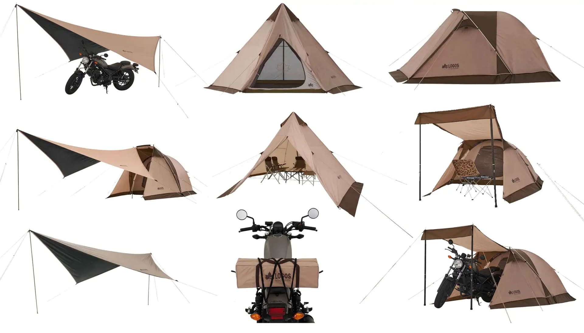 「テントフェスタ」対象の「ソーラーツーリングタープ」（左）・「VポールTepee400-BB」（中央）・「ツーリングドゥーブル・SOLO-BA」（右）