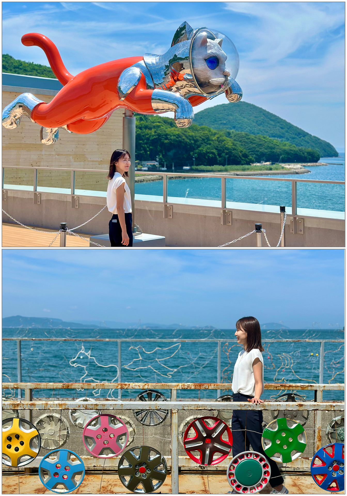 ヤノベケンジ「『Journey of SHIP'S CAT 2025』瀬戸内をめぐるシップス・キャットの旅」（上）、フリオ・ゴヤ「自然の目『大地から』」「シマ動物プロジェクト」（下）