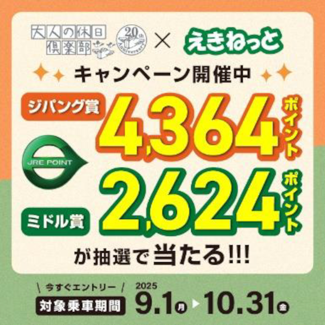 大人の休日倶楽部会員は「えきねっと」できっぷを買うと最大4364ポイント当たるチャンス