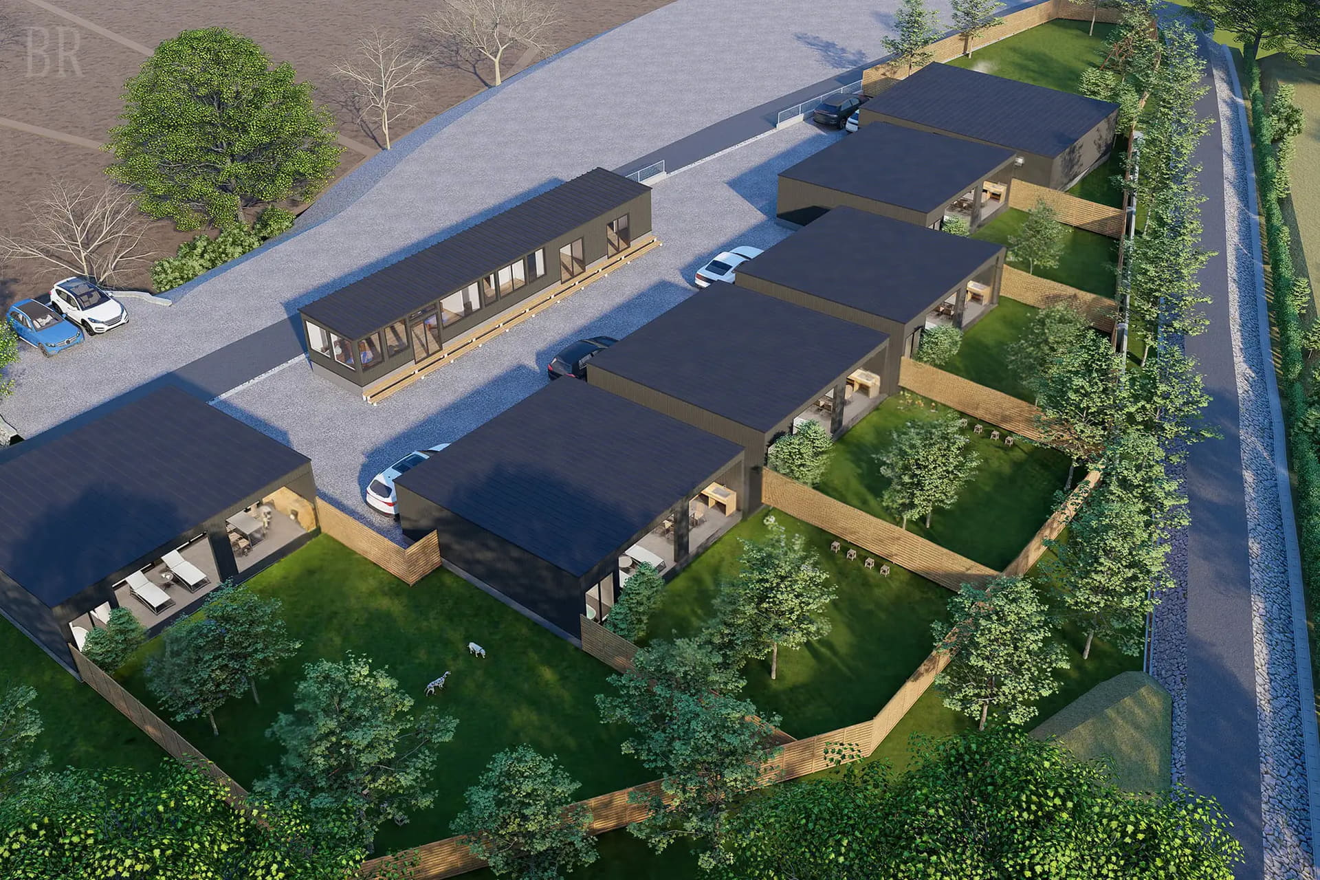 全棟にプライベートドッグランを備える