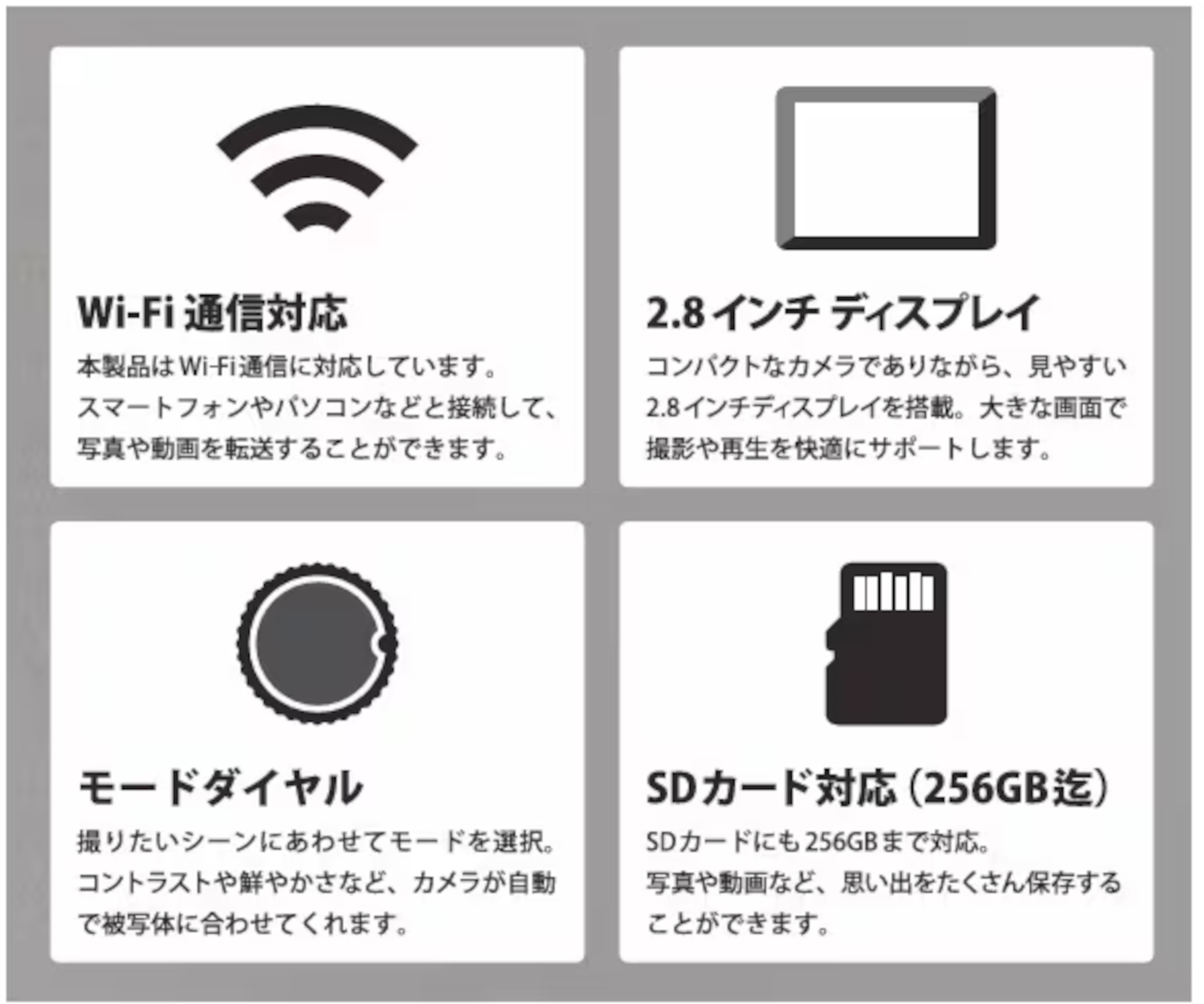光学10倍ズームで1300万画素。撮りたいシーンに合わせて選べるモードダイヤルや撮影データを確認できるモニターを搭載