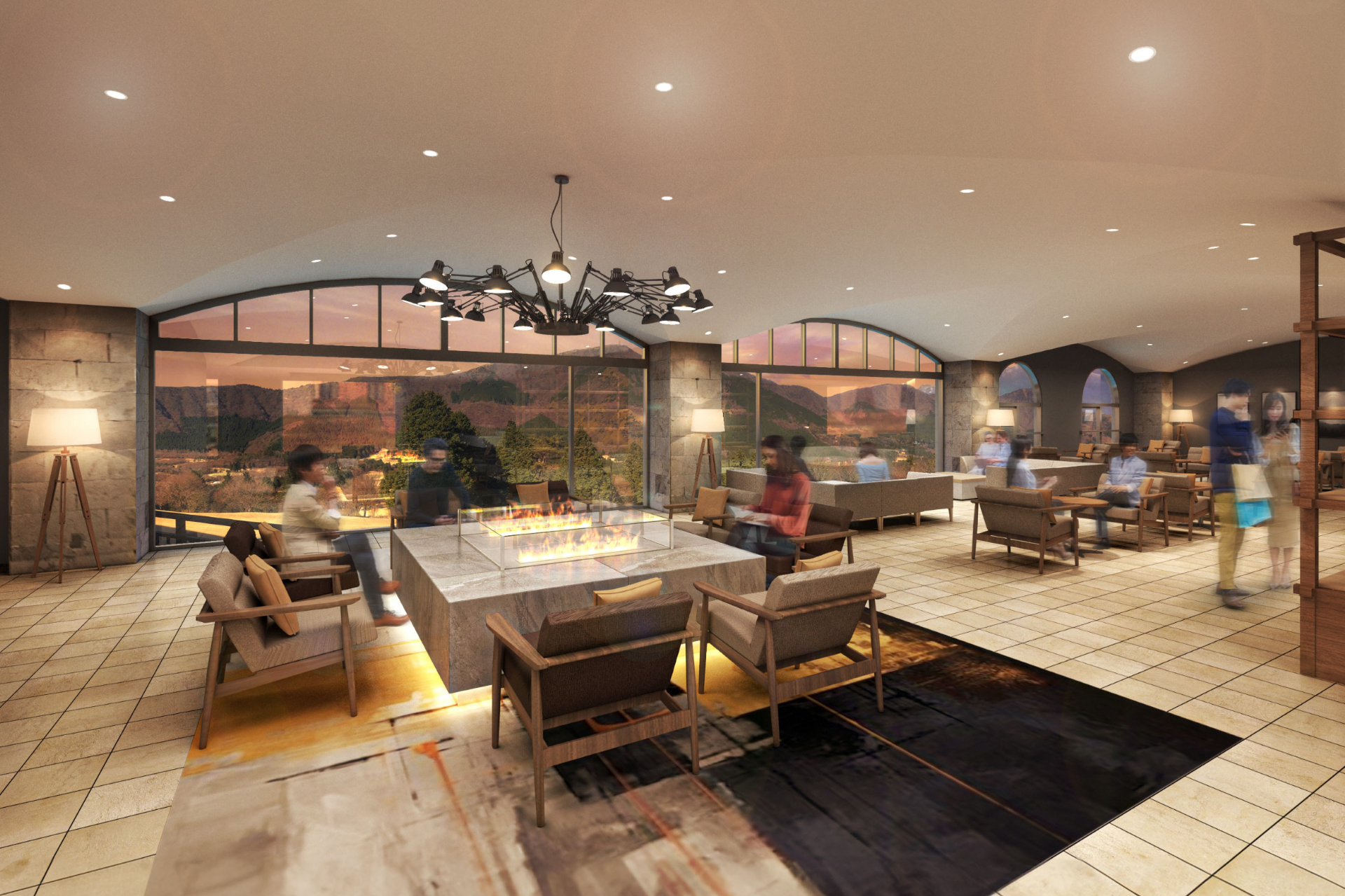 箱根の森を望む絶景ラウンジには、滞在中いつでも利用できるドリンクカウンターを設置。ビールなどのアルコールも無料