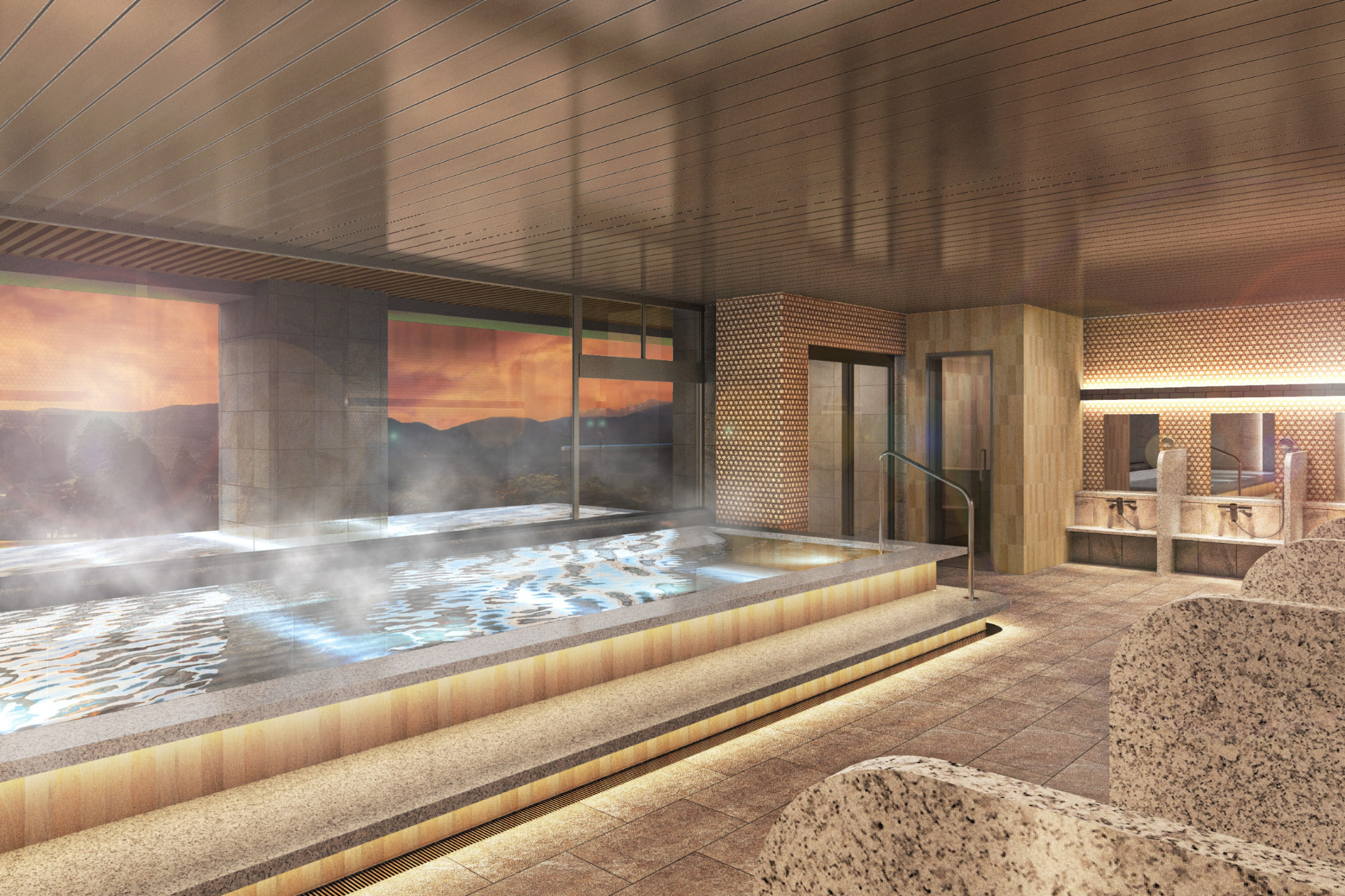 温泉大浴場には内湯とサウナ、水風呂、眺めのいい露天風呂を設けている