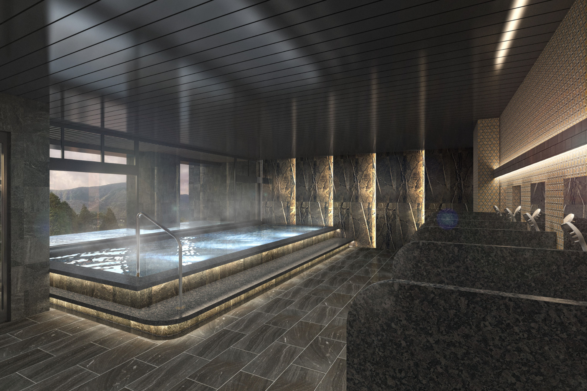 温泉大浴場には内湯とサウナ、水風呂、眺めのいい露天風呂を設けている