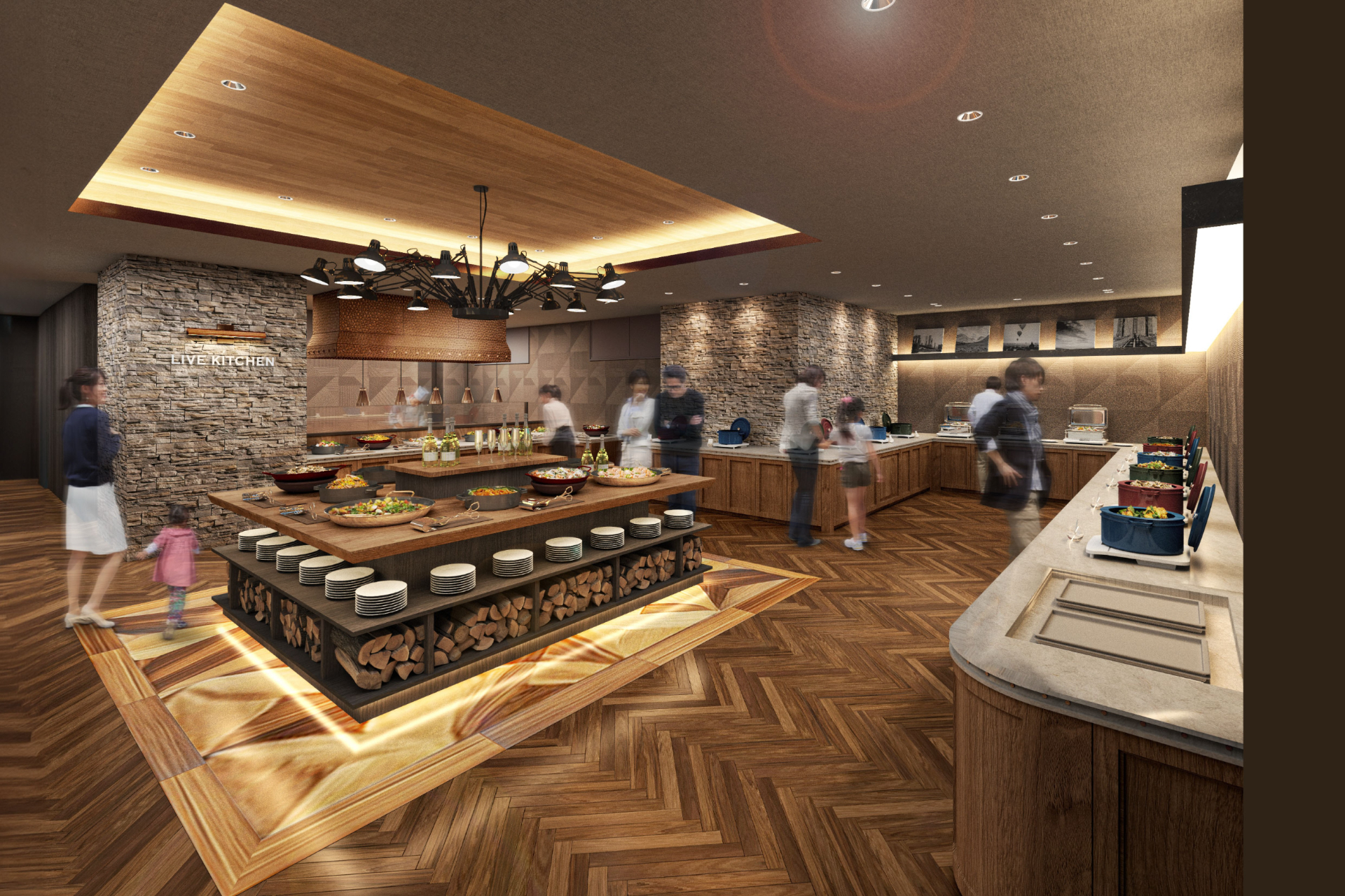 箱根の伝統工芸「寄木細工」を随所にあしらったレストラン。ディナーバイキングでは肉料理や魚料理、ハーゲンダッツ アイスクリームなどが食べ放題で、アルコール含むドリンクも追加料金なしで味わえる