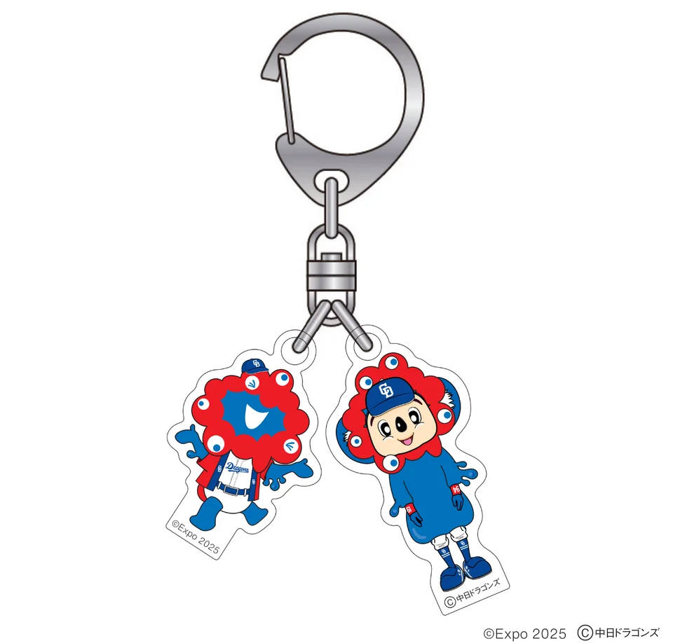 「EXPO2025 ドアラ ミャクミャク なりきり2連アクリルキーホルダー」、サイズはドアラ2.5×5cm、ミャクミャク2.6×4cm