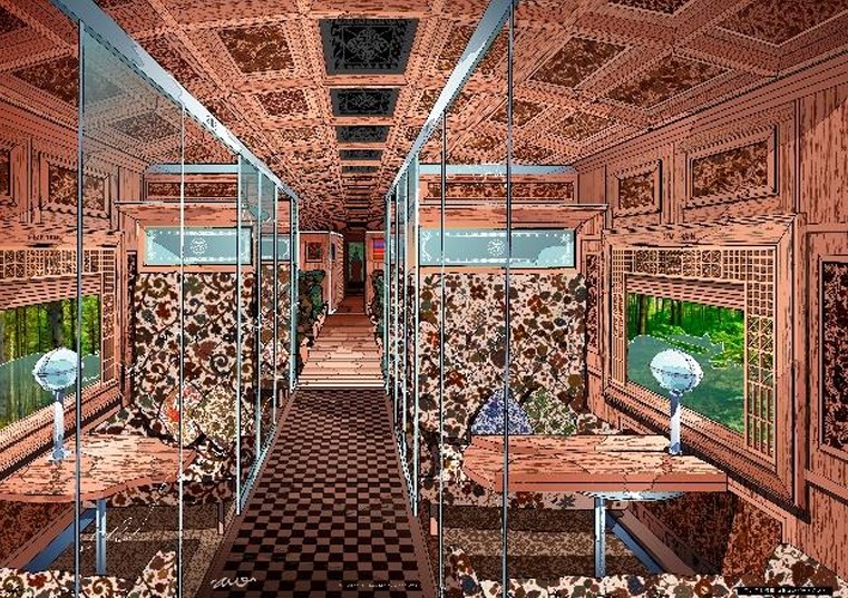 「赤い星」3号車のセミコンパートメント。奥には別の座席も見える