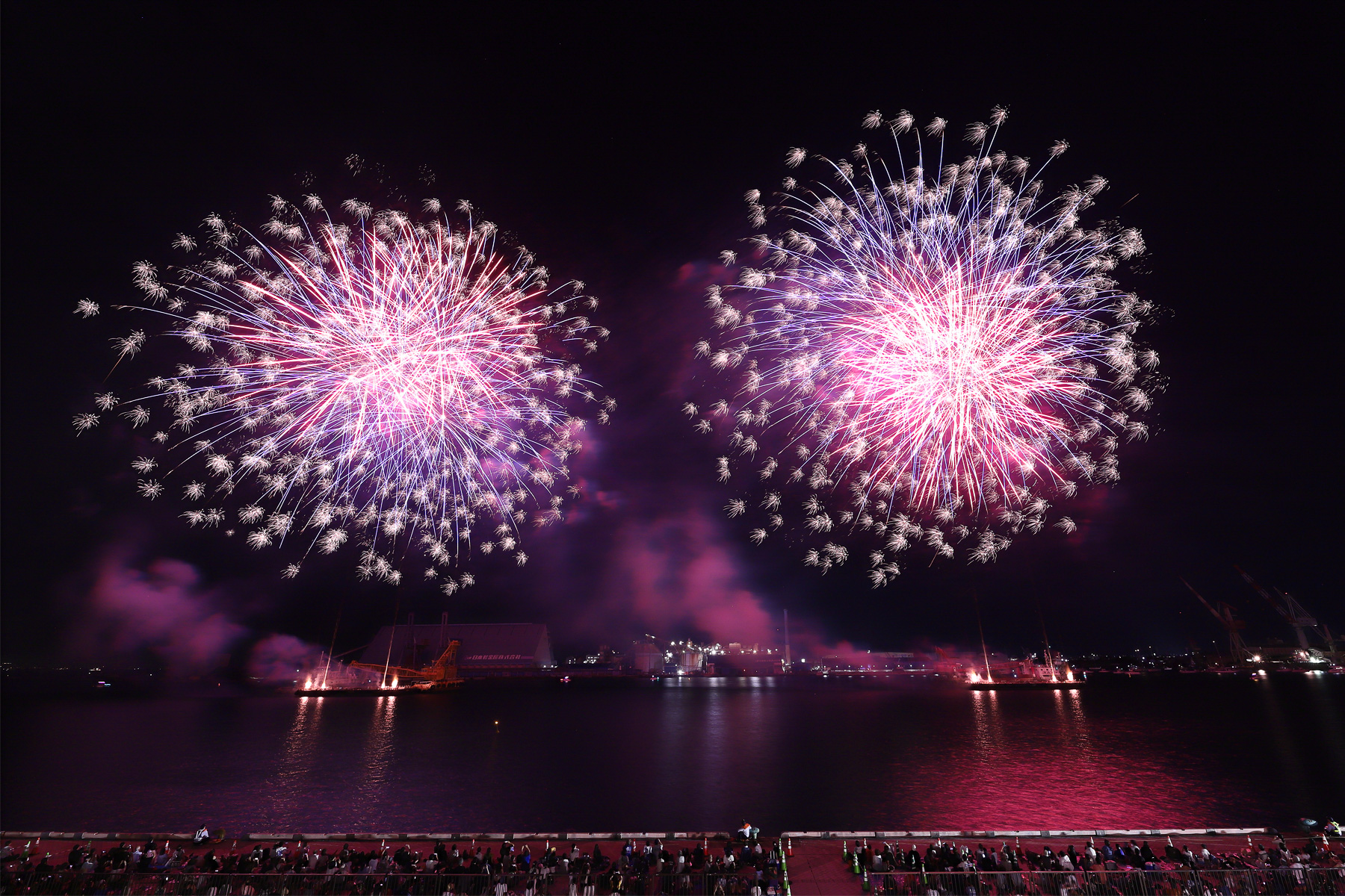 さくら色や水色などの淡い色合いの花火も披露された。これらは世界ではじめてイケブンが開発したものだという
