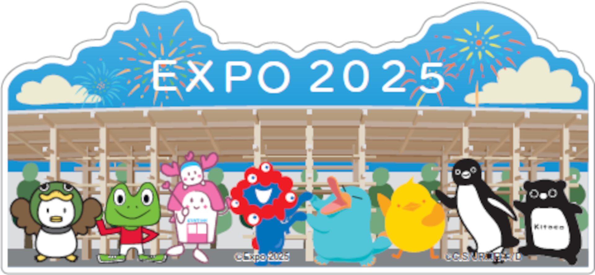 2種とも万博会場限定のステッカー。大屋根リングバージョン（左）と、大集合バージョン（右）