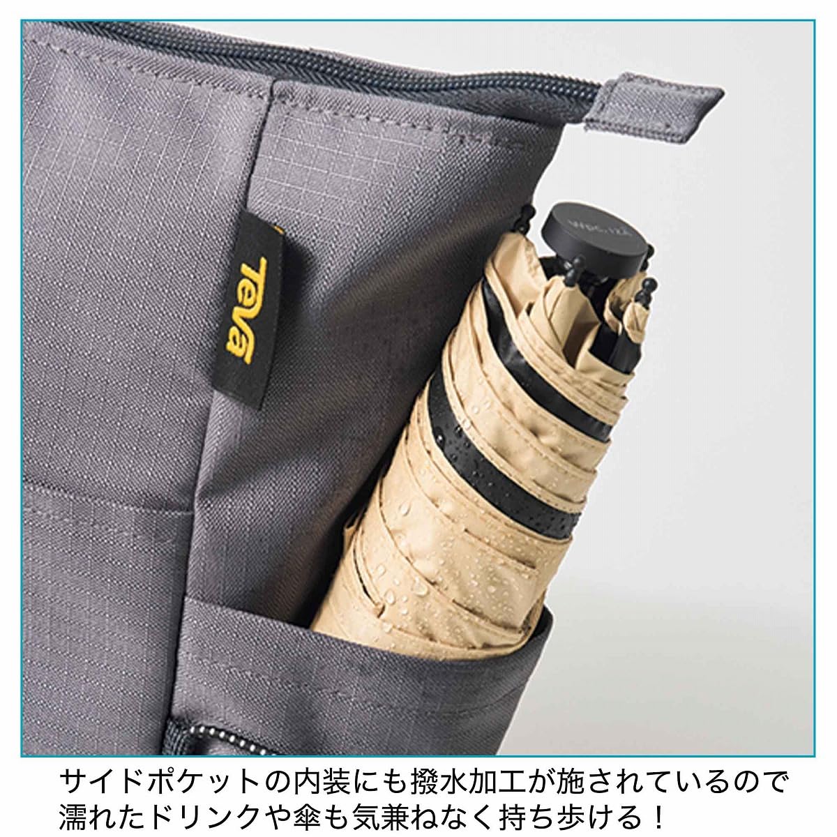 川キャンプや海水浴シーンにも使えそう。水に強い「Teva」のサンダルとコーデするのも〇