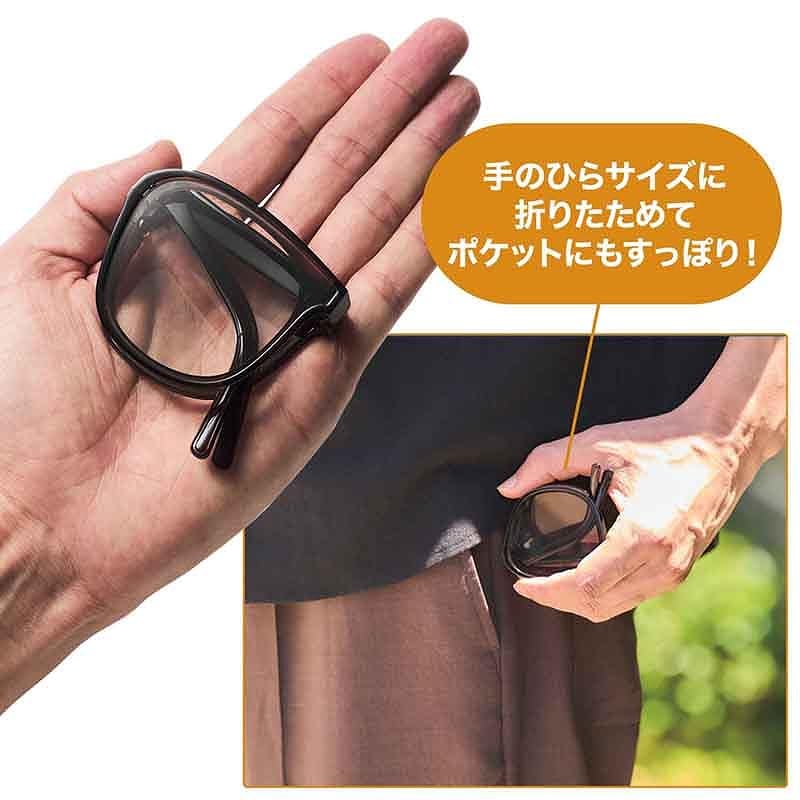 レンズは紫外線カット率99.9％、可視光線透過率90％。折りたたみ式で、ケースも付属