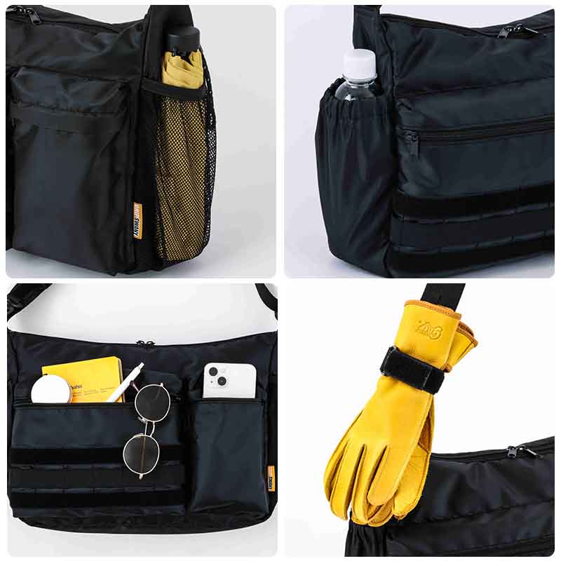 グローブホルダー、スマホが入るフロントポケット、メッシュ素材のサイドポケットなど多機能