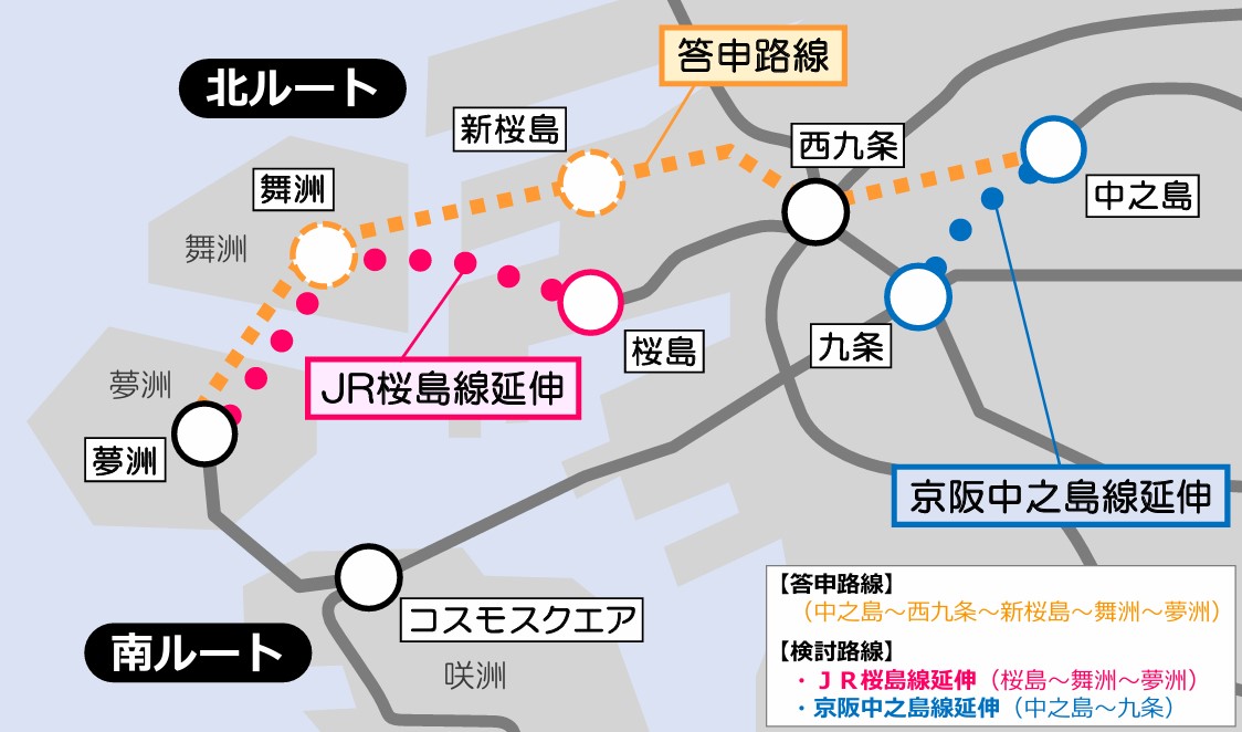 桜島線（ピンク）・中之島線（青）の延伸が、当初の計画路線（オレンジ）より優位性が高いと判断