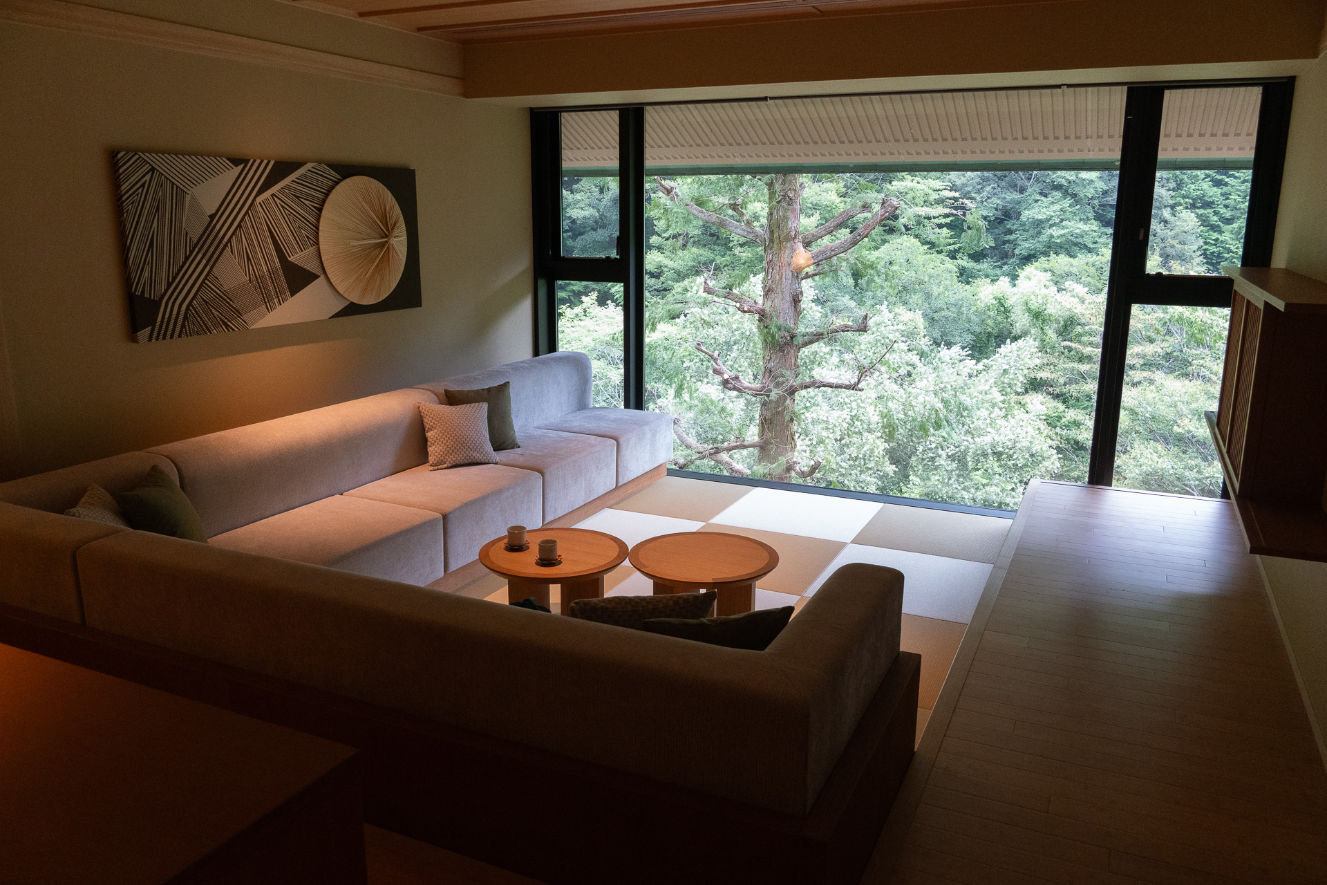 一般客室よりさらに大きいスイートルームの壁一面の開口部は、ベランダを設けないことで視線を遮るものがなく、景色に圧倒される