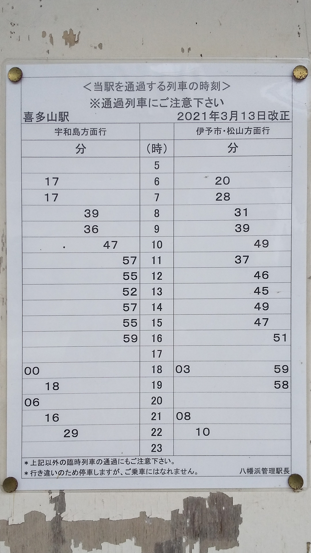 予讃線の喜多山駅で。上下それぞれ毎時1本の割で、特急「宇和海」がかっ飛んで行くので、こういう注意喚起がなされている。同じような掲示を、函館本線の某駅でも見たことがある