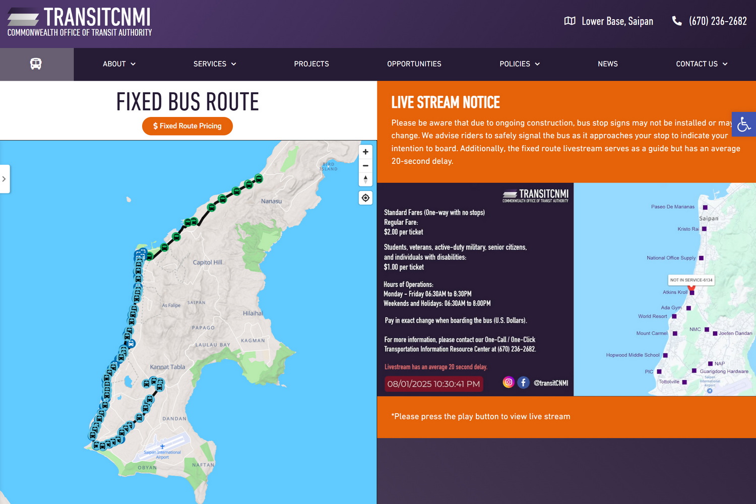 Transit CNMIの路線バスのWebサイト。停留所ごとの詳細なダイヤは掲示されていないが、ライブストリーミングで現在のバスの運行状況（走行位置のリアルタイム情報）が配信されている