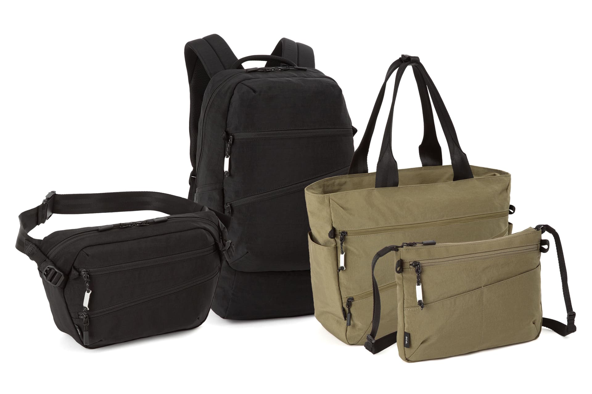 左からスリングバッグ、リュックサック、トートバッグ横、ショルダー小