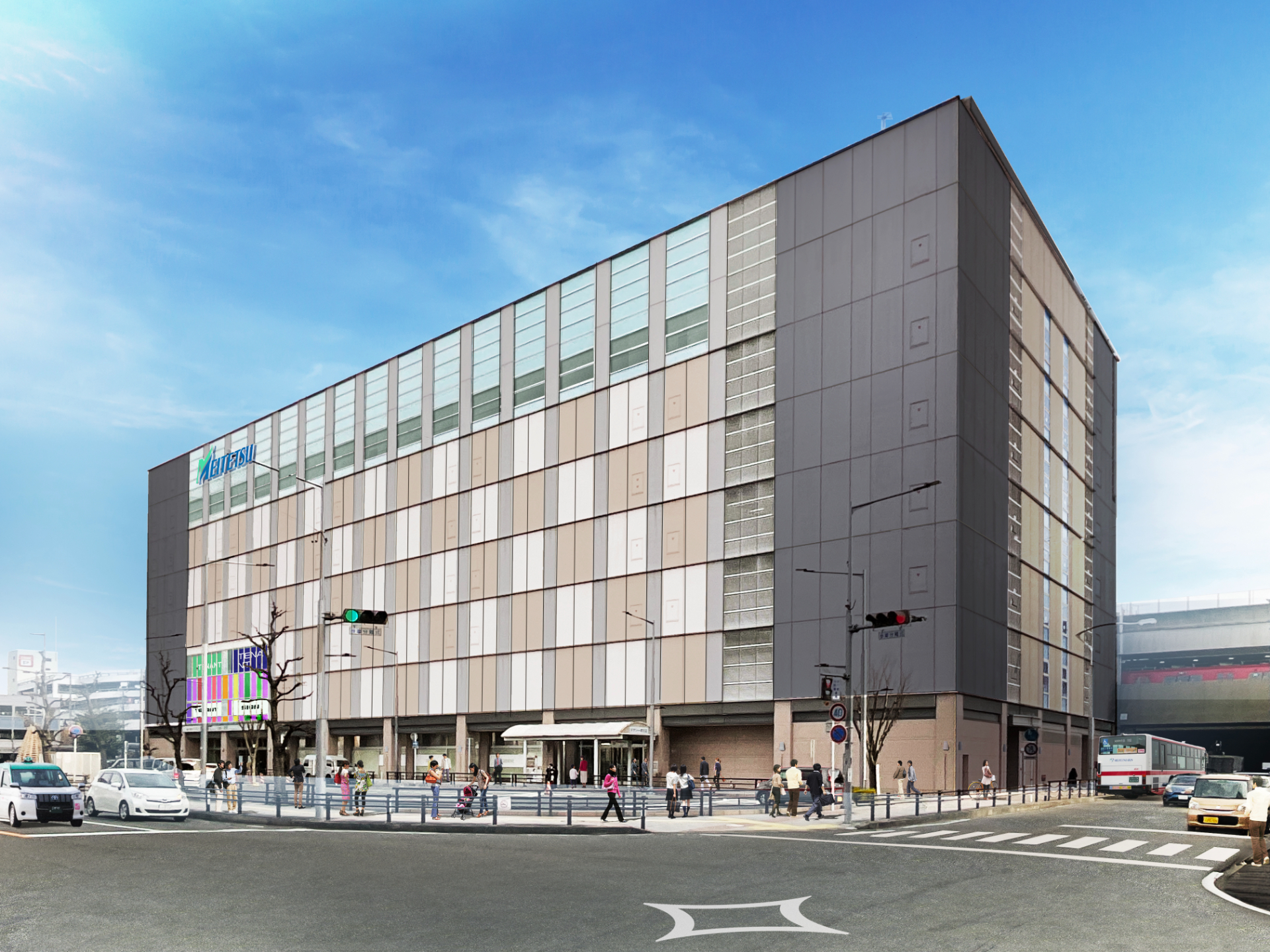 閉館した「名鉄百貨店」を大規模修繕。外観デザインは、繊維産業で栄えてきた一宮の歴史を踏まえ、建物全体を自動機織り機に見立ててリニューアルする