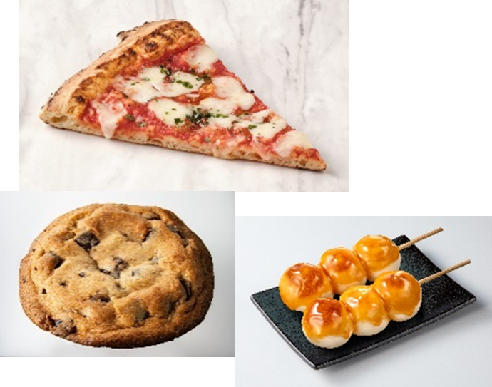 お店で焼いたハンディピザはマルゲリータやコーンマヨ、クッキーはチョコや抹茶、団子はみたらし、あんなどをラインアップ