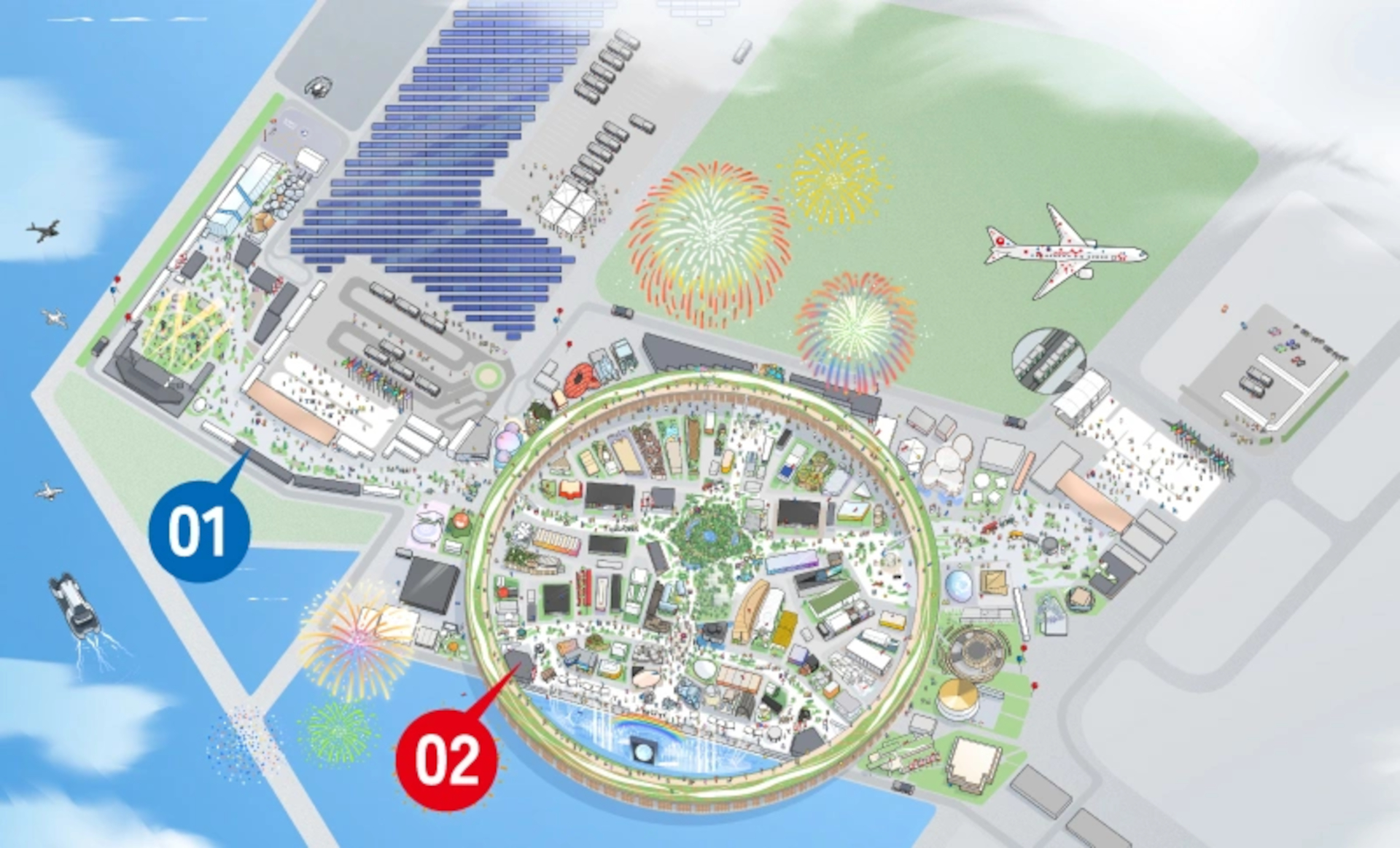 万博会場マップ。01が「セブン-イレブン 西ゲート店」、02が「セブン-イレブン ウォータープラザ店」