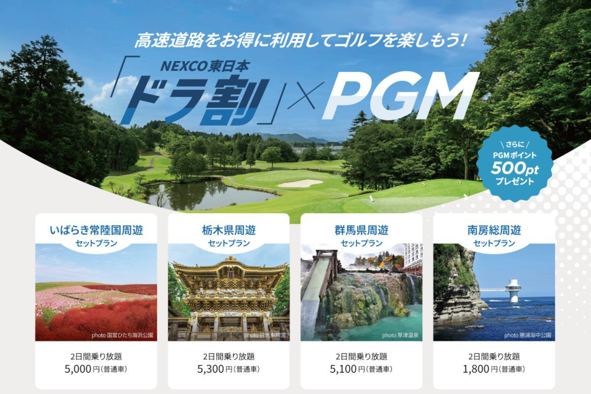 2日間高速道路乗り放題の「NEXCO東日本 ドラ割×PGM」周遊セットプラン発売