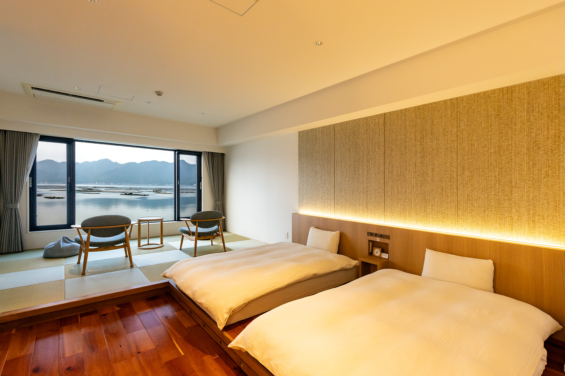 もっとも多い20室が用意されるスタンダード和洋室B。バスルームがないタイプになる。定員4名