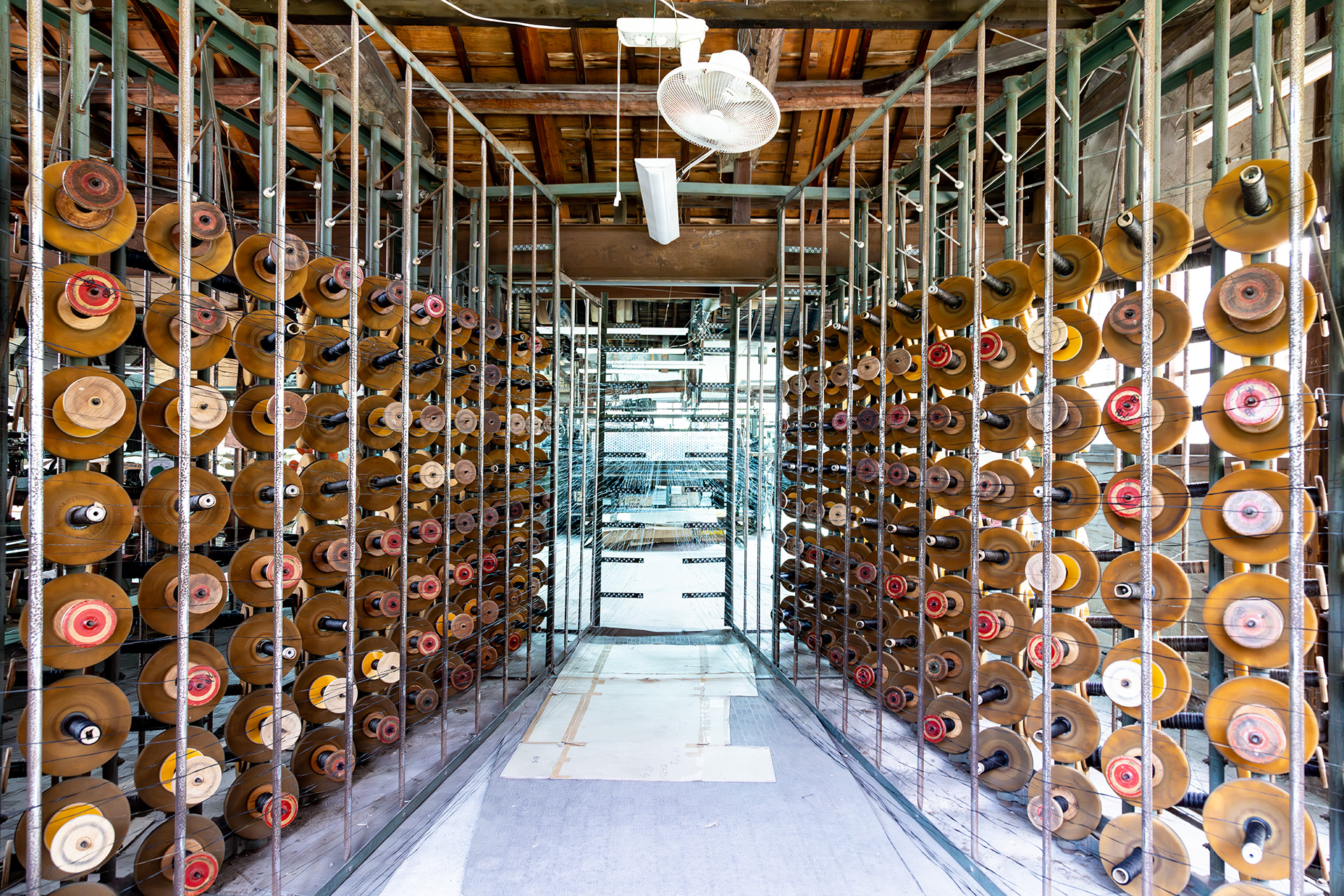 縦糸が織機に送り込まれていく