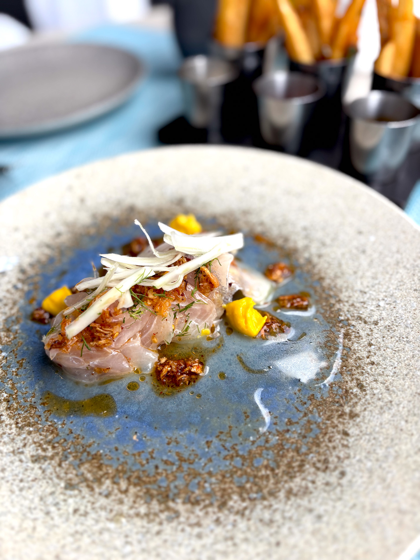 イタリア版刺身のような一品で柑橘と香ばしい揚げネギでアジアの風味も感じられるカンパチのクルード（25ドル）