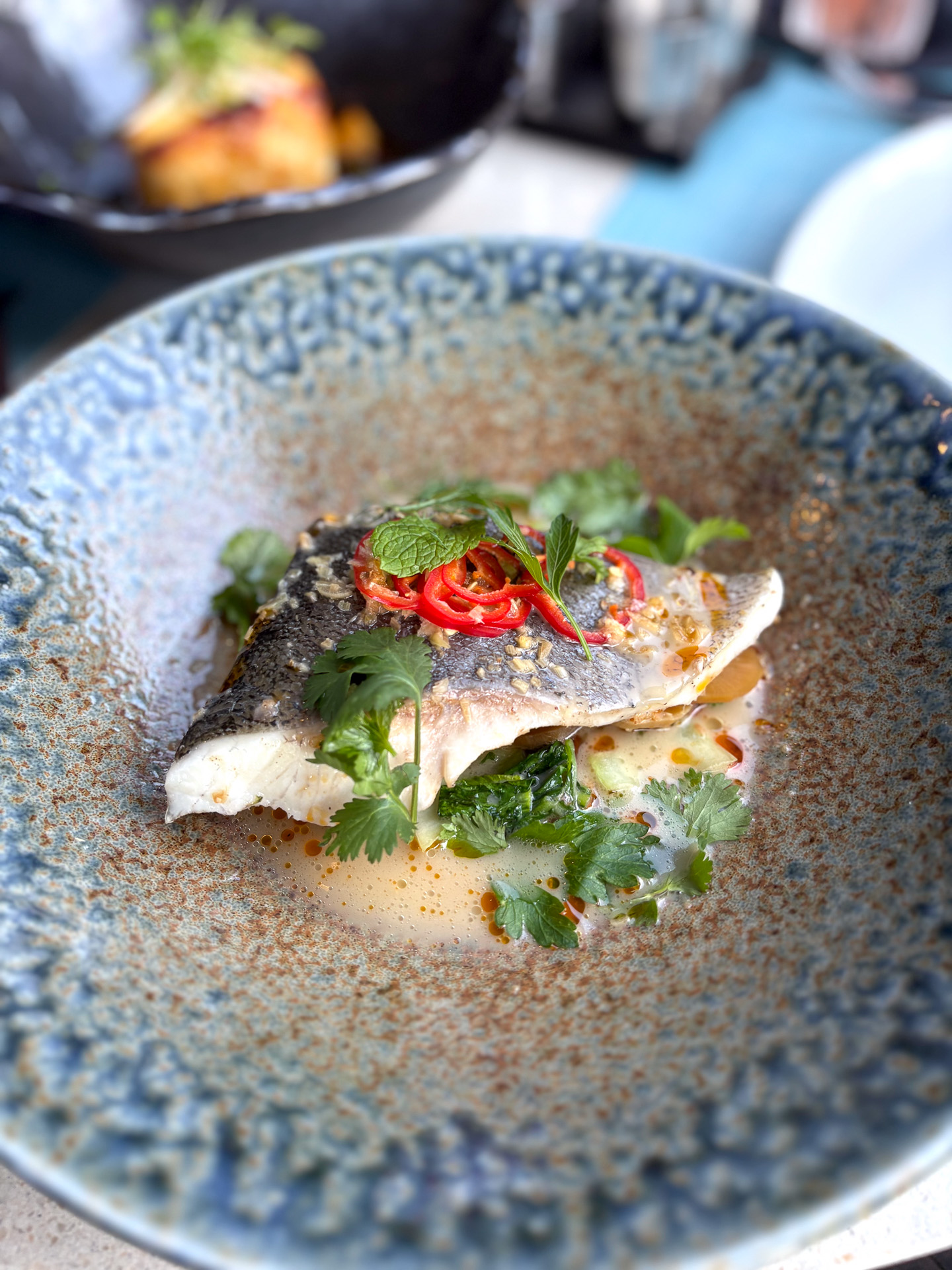 カフィアライムの香りと濃厚なソースで仕上げるコナカンパチのスチーム（50ドル）