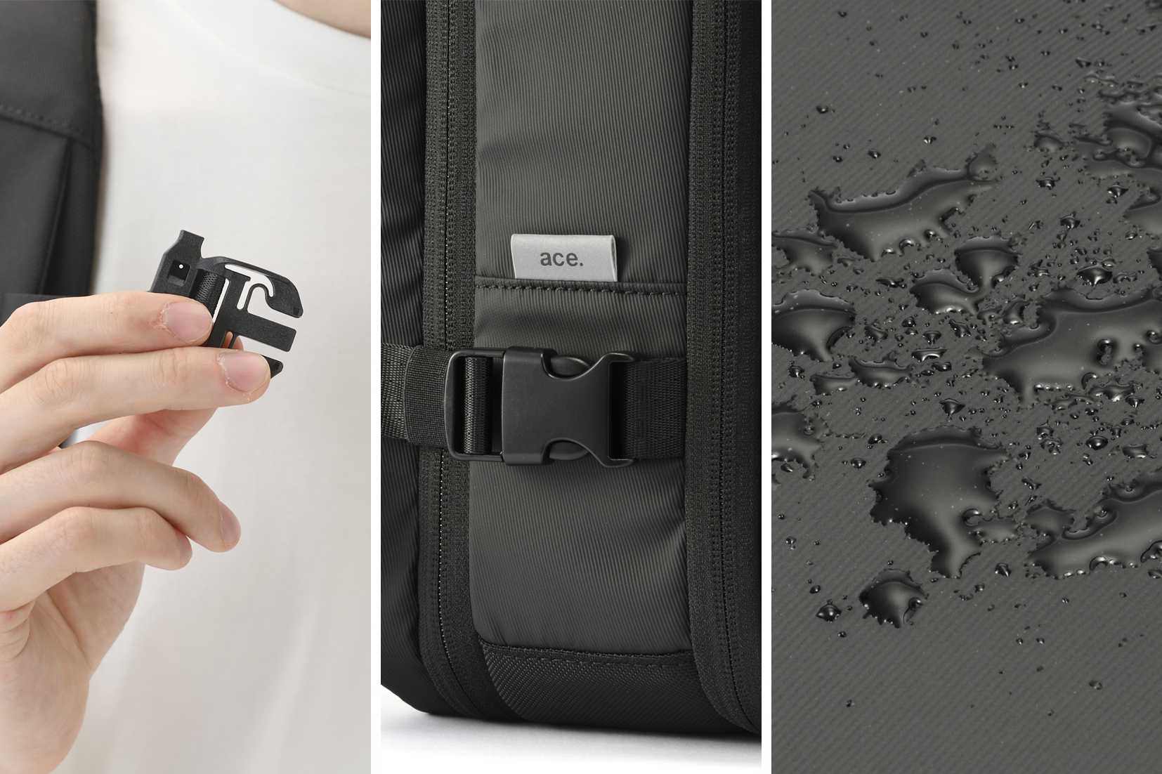 ホイッスル付きバックル、リフレクター（反射材）、水に強いコーティング生地＆コーティングファスナー