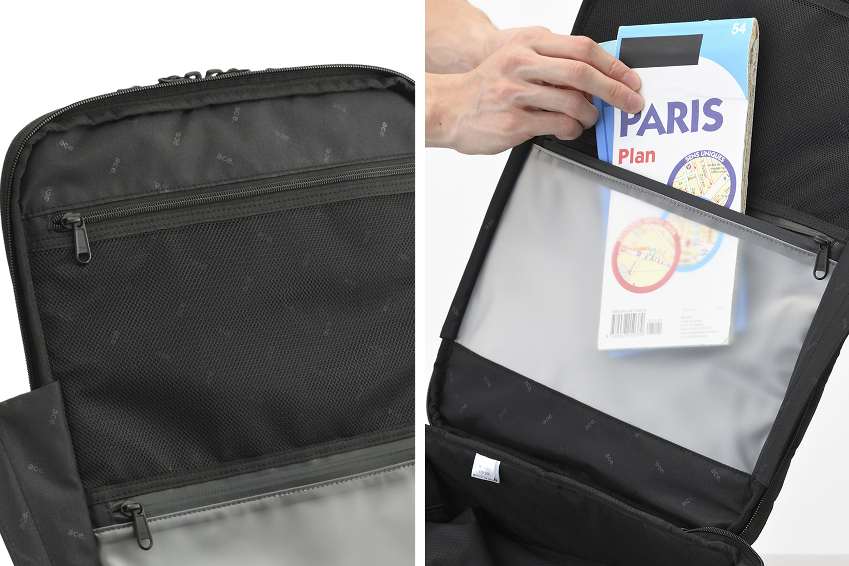 内装には、中身が見えるメッシュポケットと浸水を防ぐビニールポケット