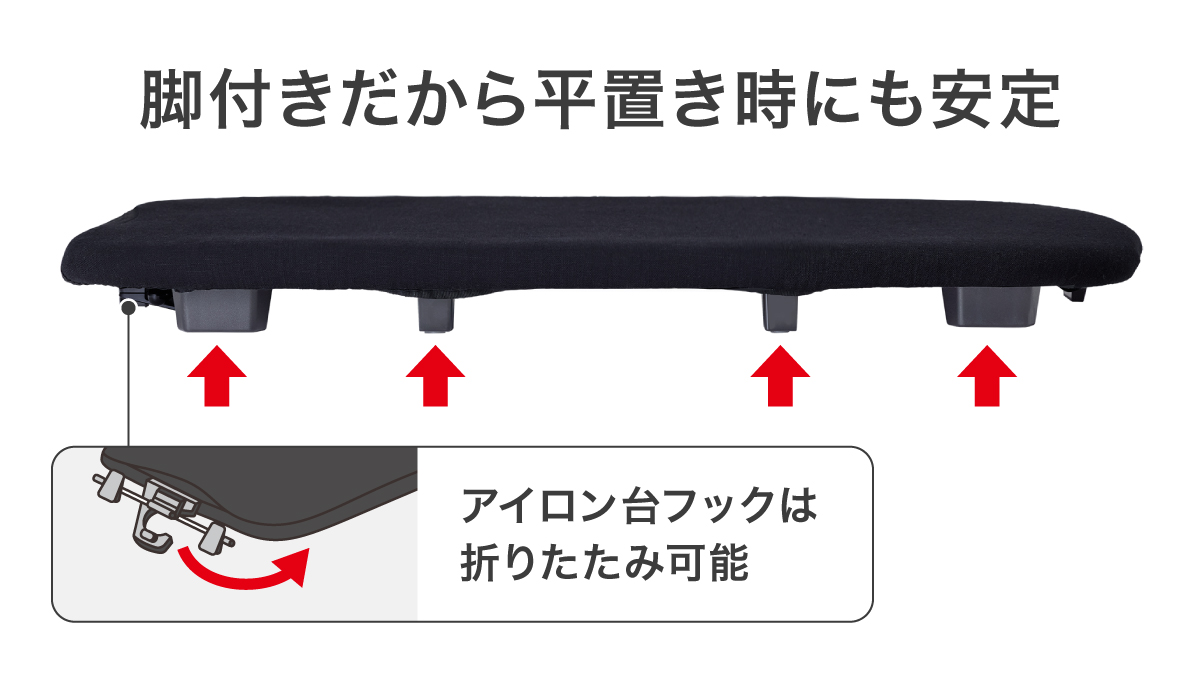 引っ掛け部分を折りたたむことで、平置きのアイロンボードに