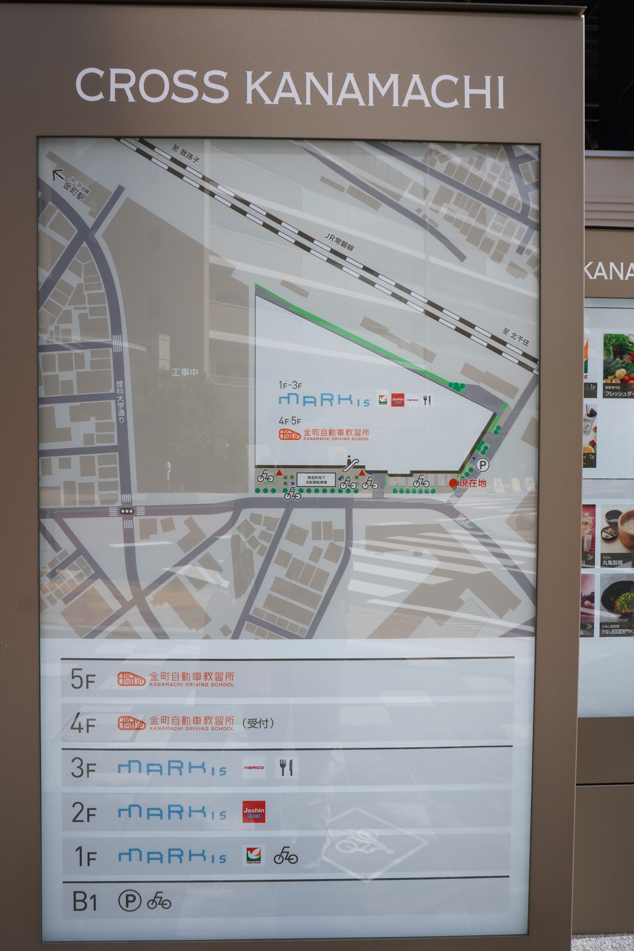 I期時点では1～3階が商業施設、4～5階が教習所、地下1階が公共駐輪場となっている