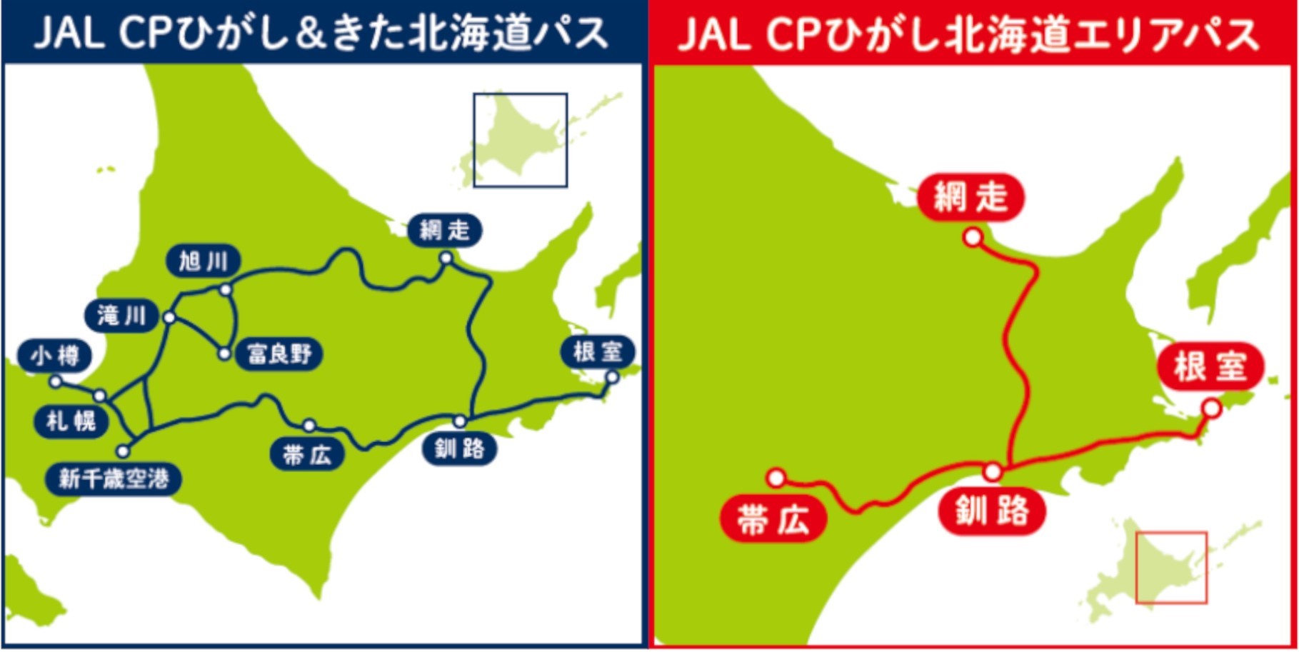 ひがし＆きた北海道パス（左）とひがし北海道パス（右）の引換可能駅とフリー乗車区間