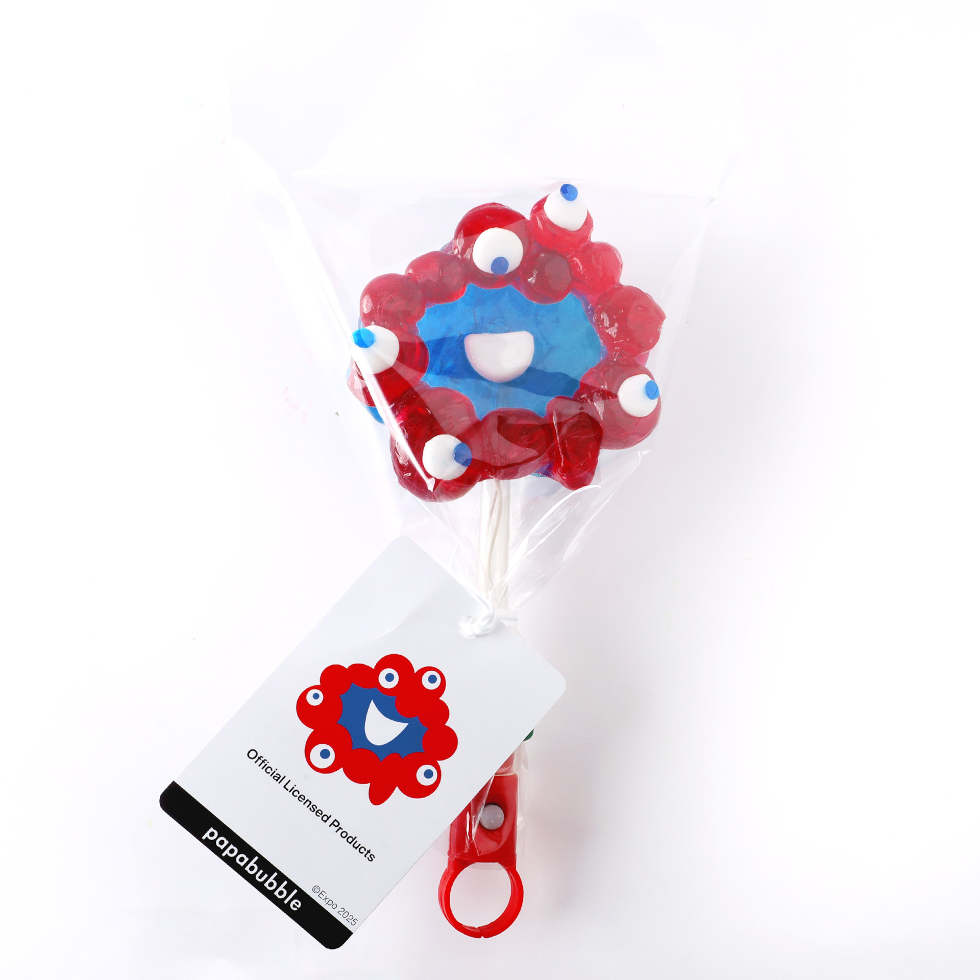 ミャクミャク型のロリポップキャンディ。持ち手のボタンを押すと光るので、写真撮影用にもお勧めとのこと（東ゲート店 大丸松坂屋百貨店限定）