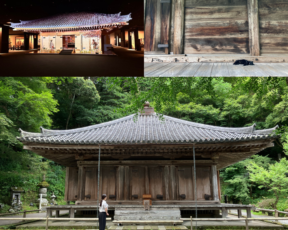 大分県立歴史博物館内に再現された富貴寺大堂と実際の富貴寺大堂