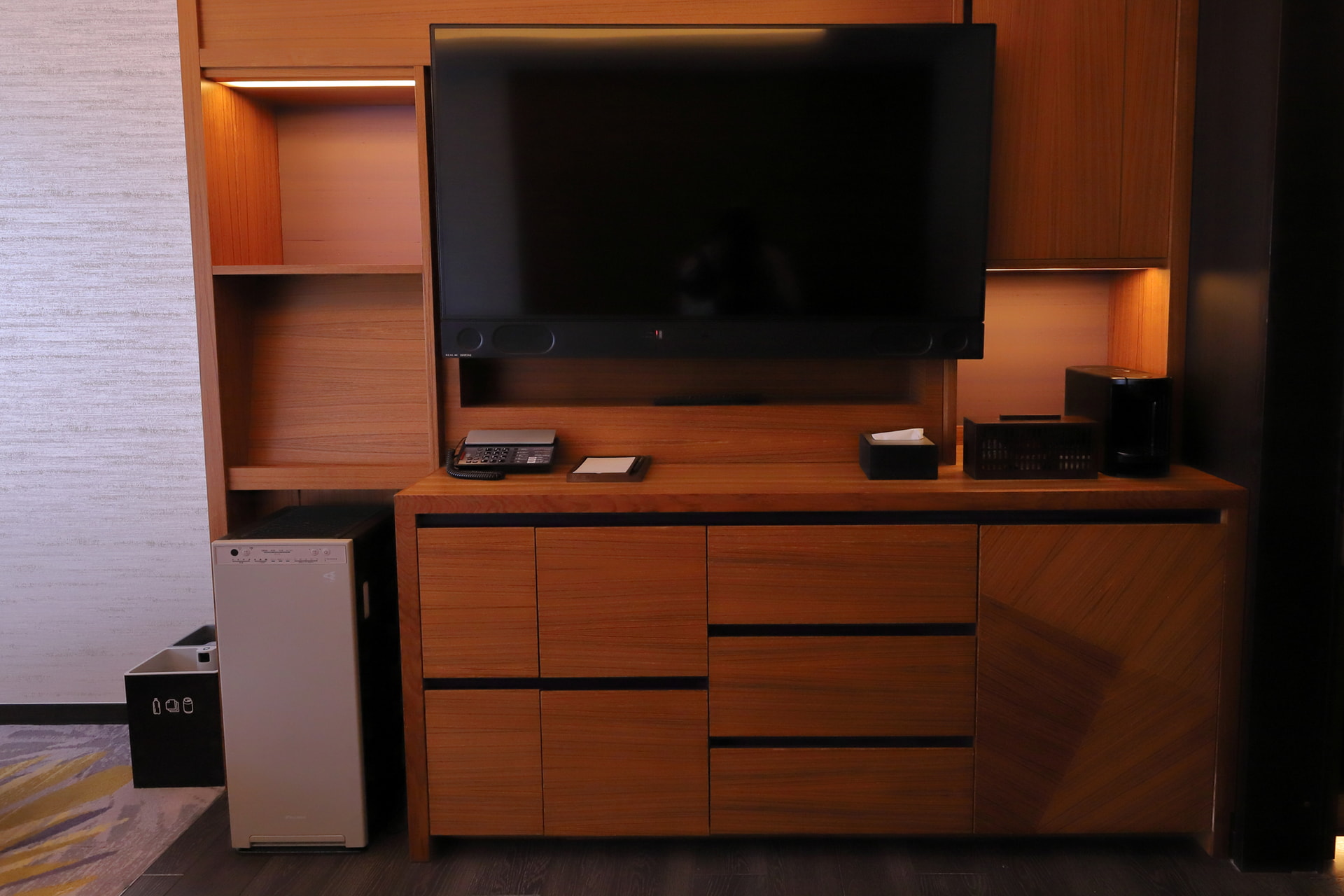 テレビは可動式でベッドに向けることも可能。セーフティボックスや冷蔵庫も収納されている