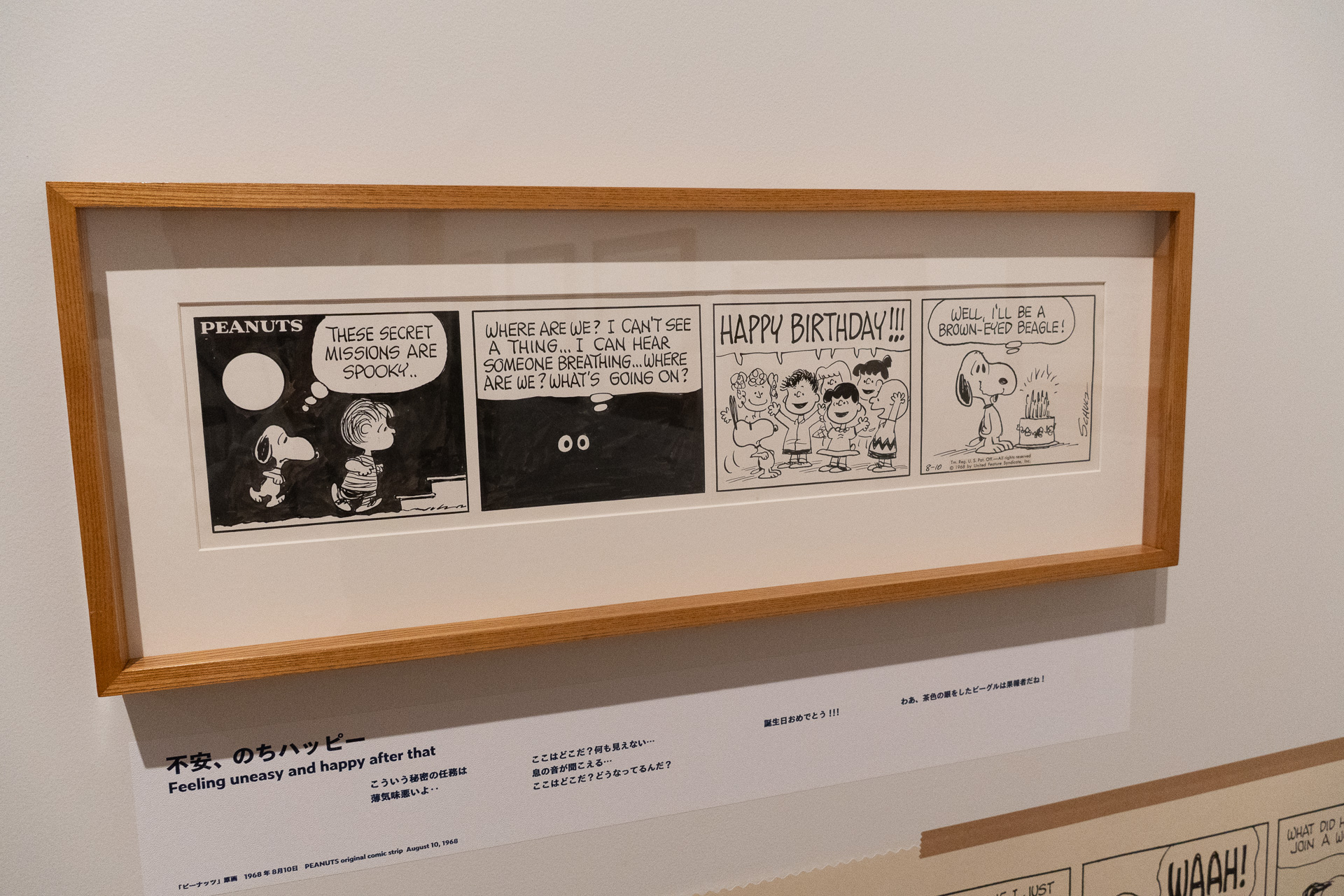 シュルツ氏による貴重な原画や、コレクターから貸し出しを受けたという古い新聞の切り抜きなどをテーマに沿って展示。連載初期からの絵柄の変遷やスヌーピー自身の変化がよく分かる