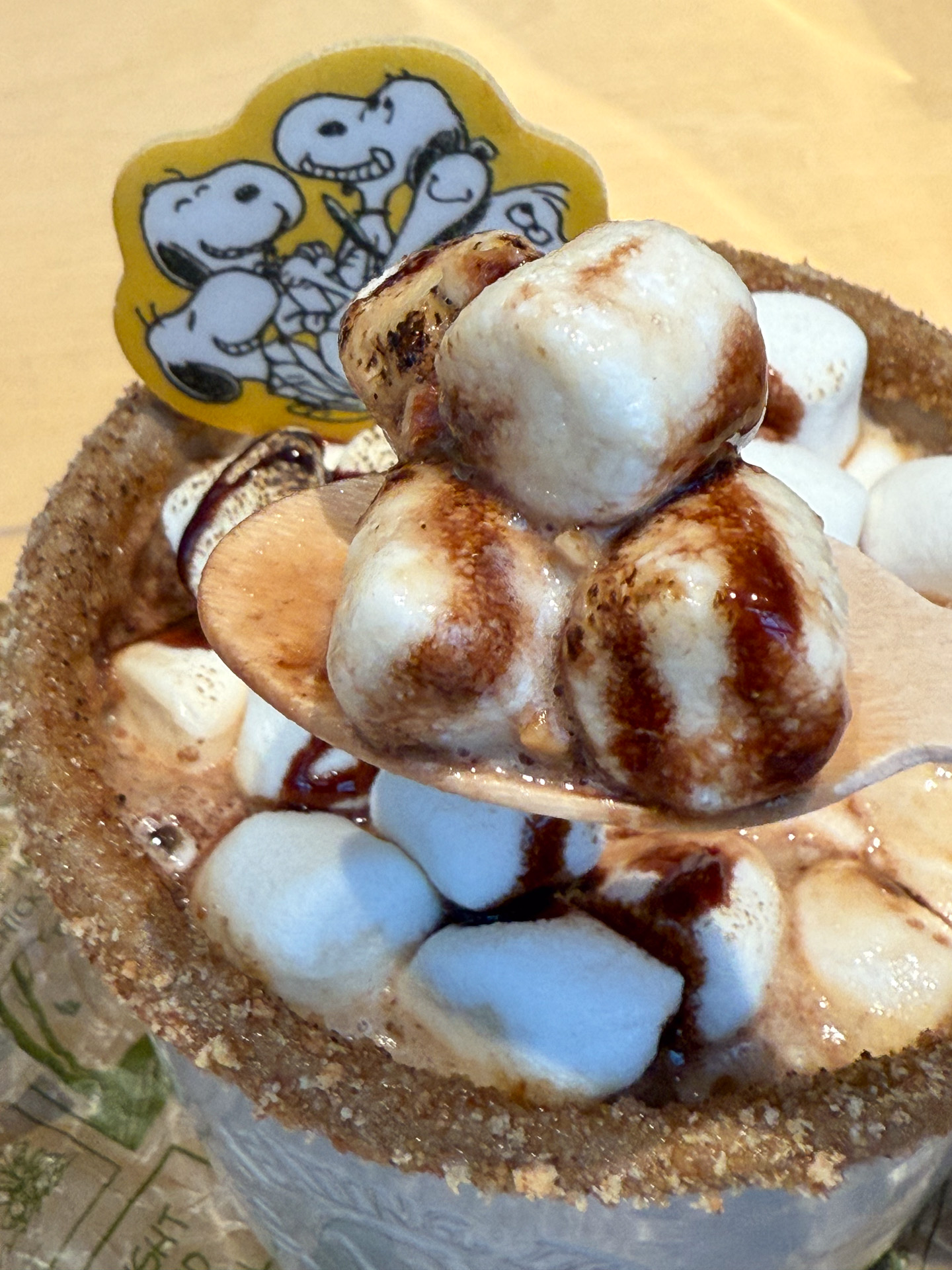 チョコソースがけの甘い焼きマシュマロを、ほろ苦いラテとよく混ぜて飲むとバランスよし