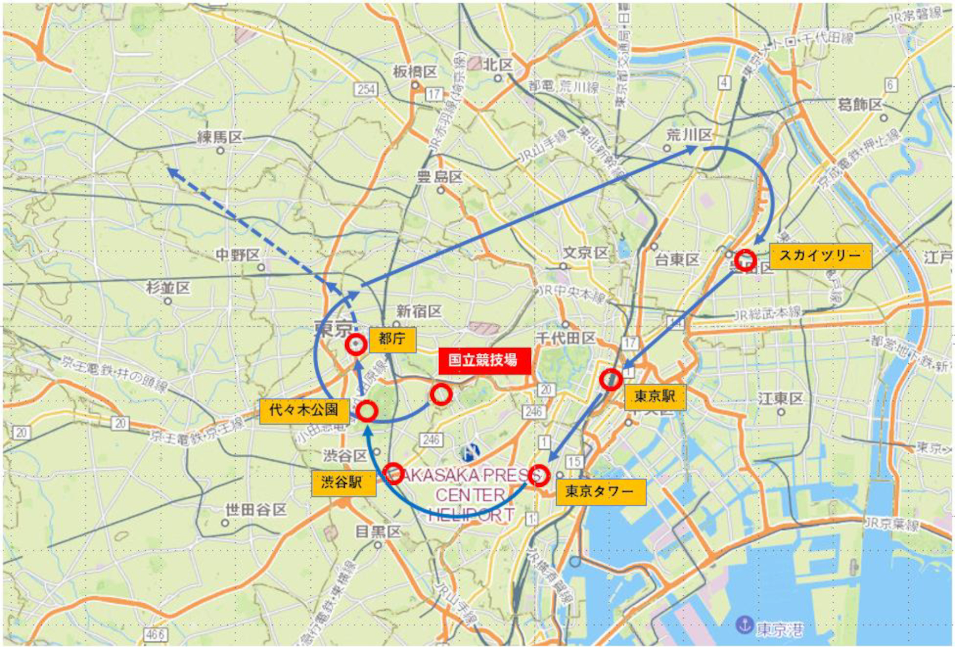 飛行ルート。12時25分ごろから10分程度、国立競技場で展示飛行を実施したのち、都内各所を飛行
