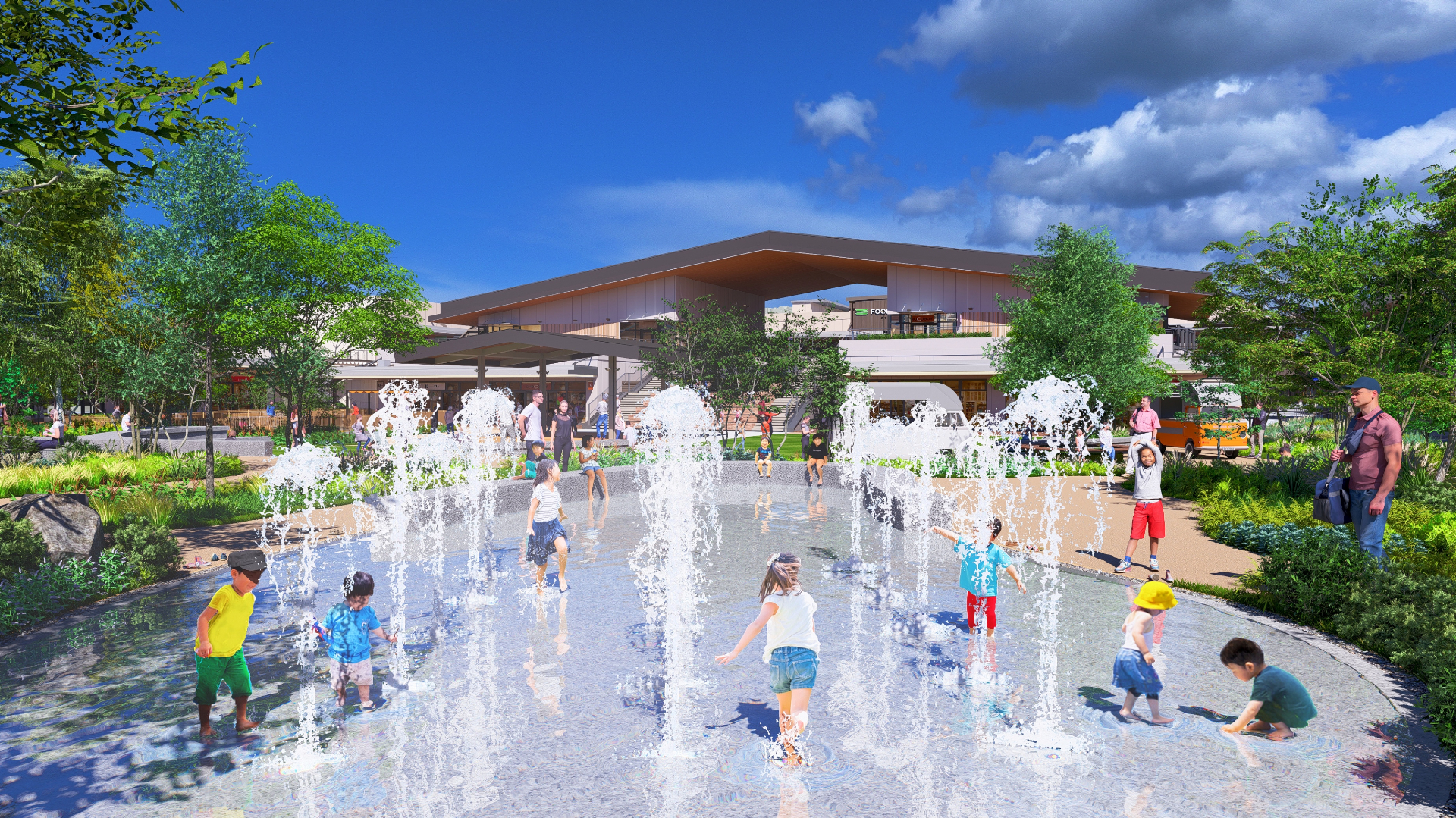 子供たちがよろこぶ噴水・水景エリアを設けた「OKAZAKI じゃぶじゃぶ MARKET」