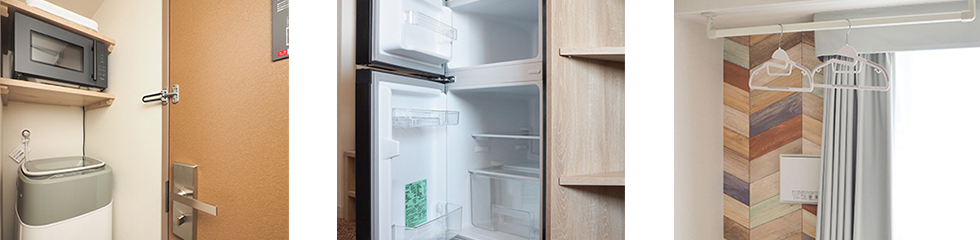 電子レンジ・洗濯機・2ドア冷蔵庫・空気清浄機・50インチTVを全室に完備、ハンガーフックも用意