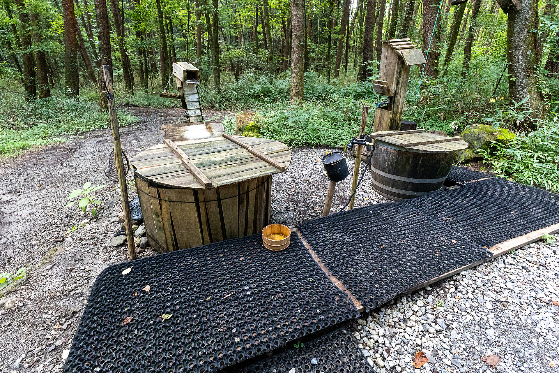 外は水風呂や森林浴ができるベッドなどがある