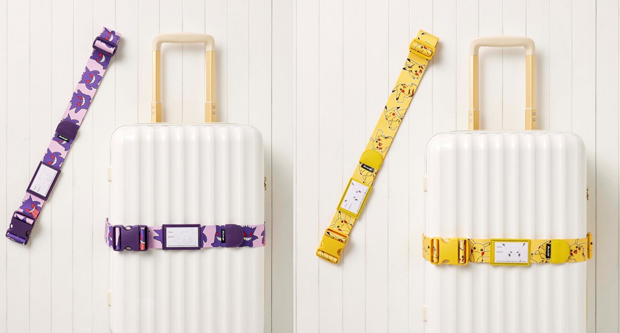 スーツケースベルト ゲンガー（左）、ピカチュウ（右）。約50×1900mm（幅×奥行き）