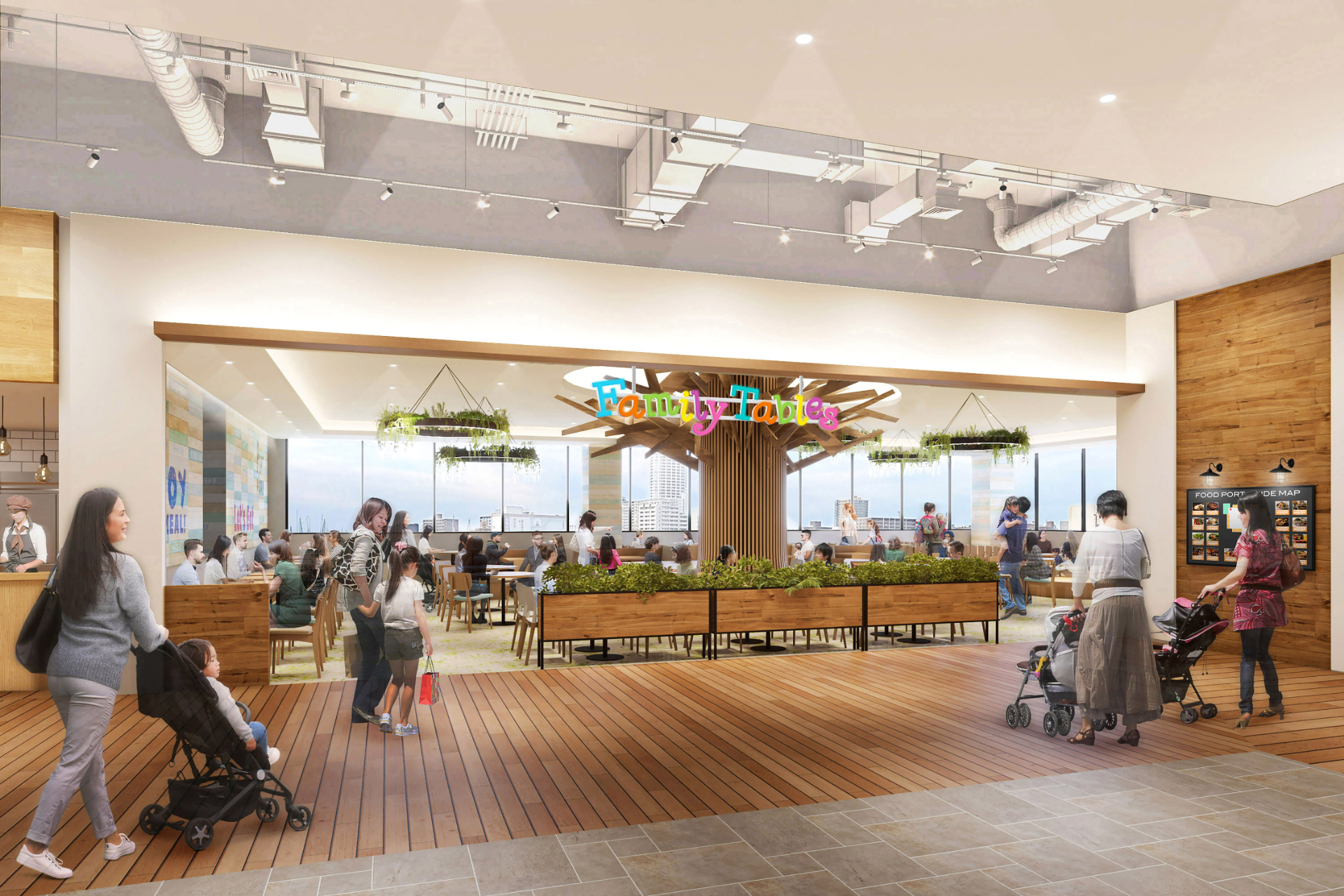 フードコートには、小上がり席やキッズスペースを完備したファミリーゾーンを設置