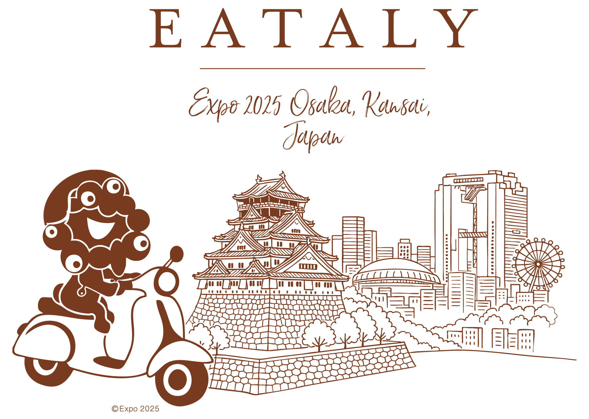 メイングラフィックはミャクミャクがスクーターに乗って大阪の街中を散策するようなお洒落なスケッチ風デザイン