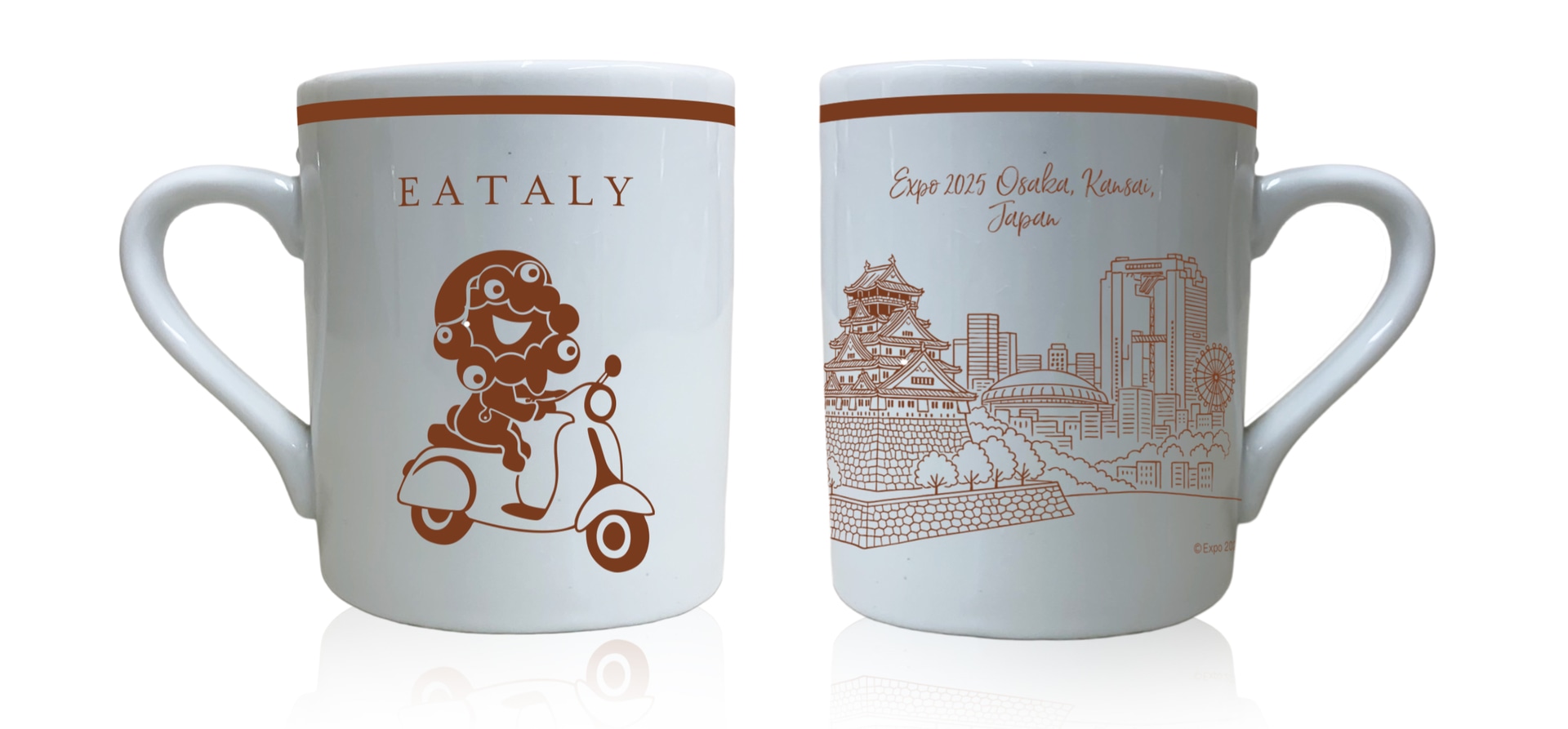 MADE IN JAPANのマグカップ。1周にわたって大阪を散策するミャクミャクのイラストを施す