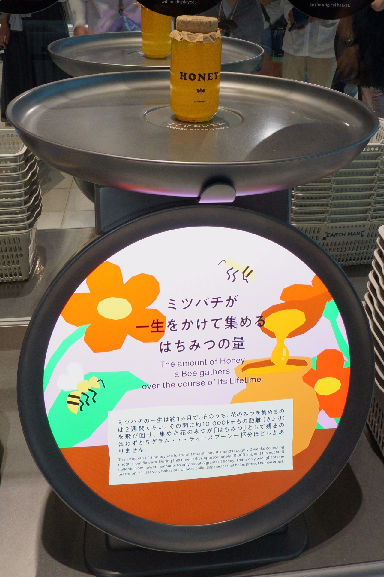 いのちの重さを感じるためのはかり。1匹のミツバチが集める花のみつは、はちみつにするとティースプーン1杯分ほどにしかならない