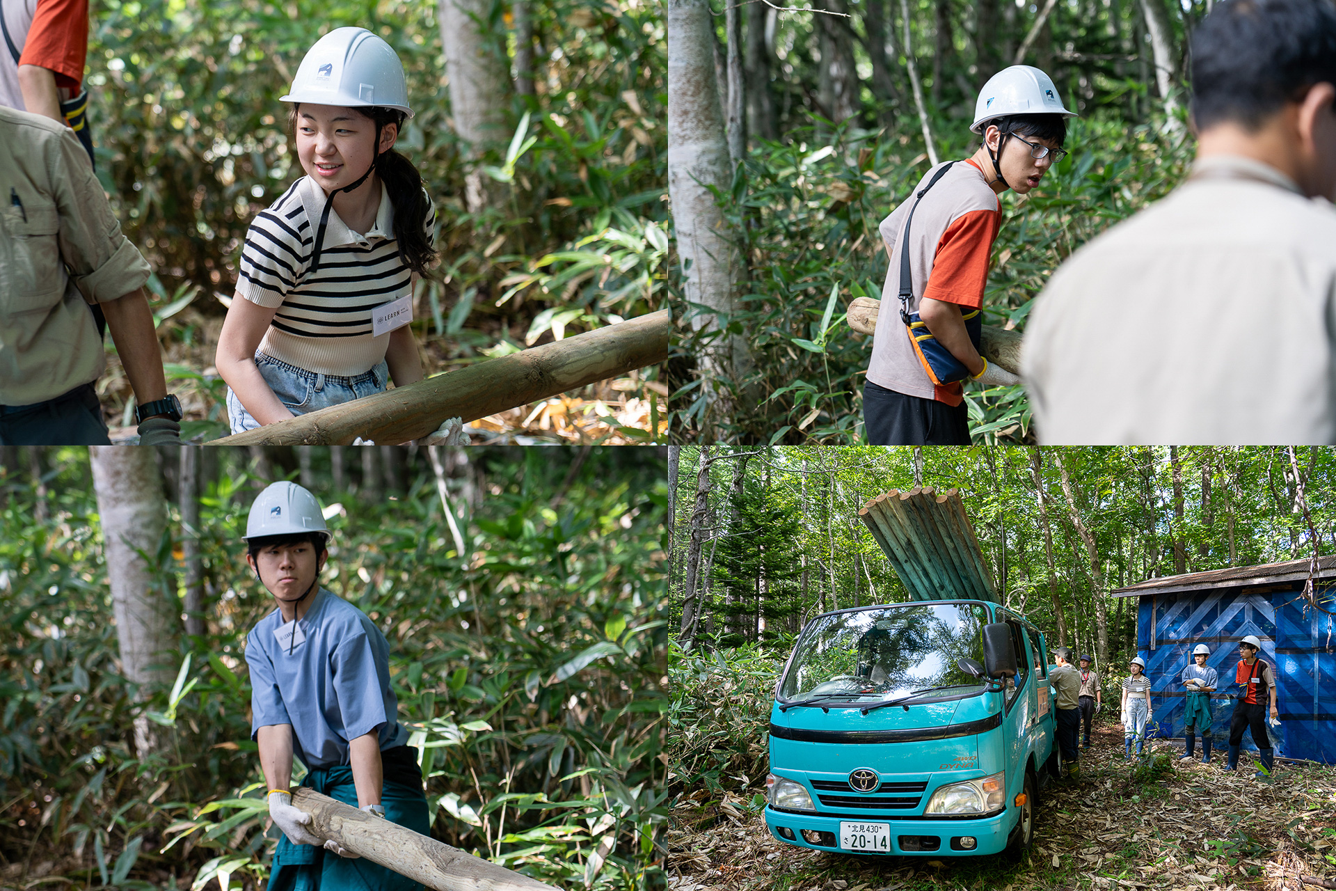 防鹿柵に使う支柱をトラックに積み出す